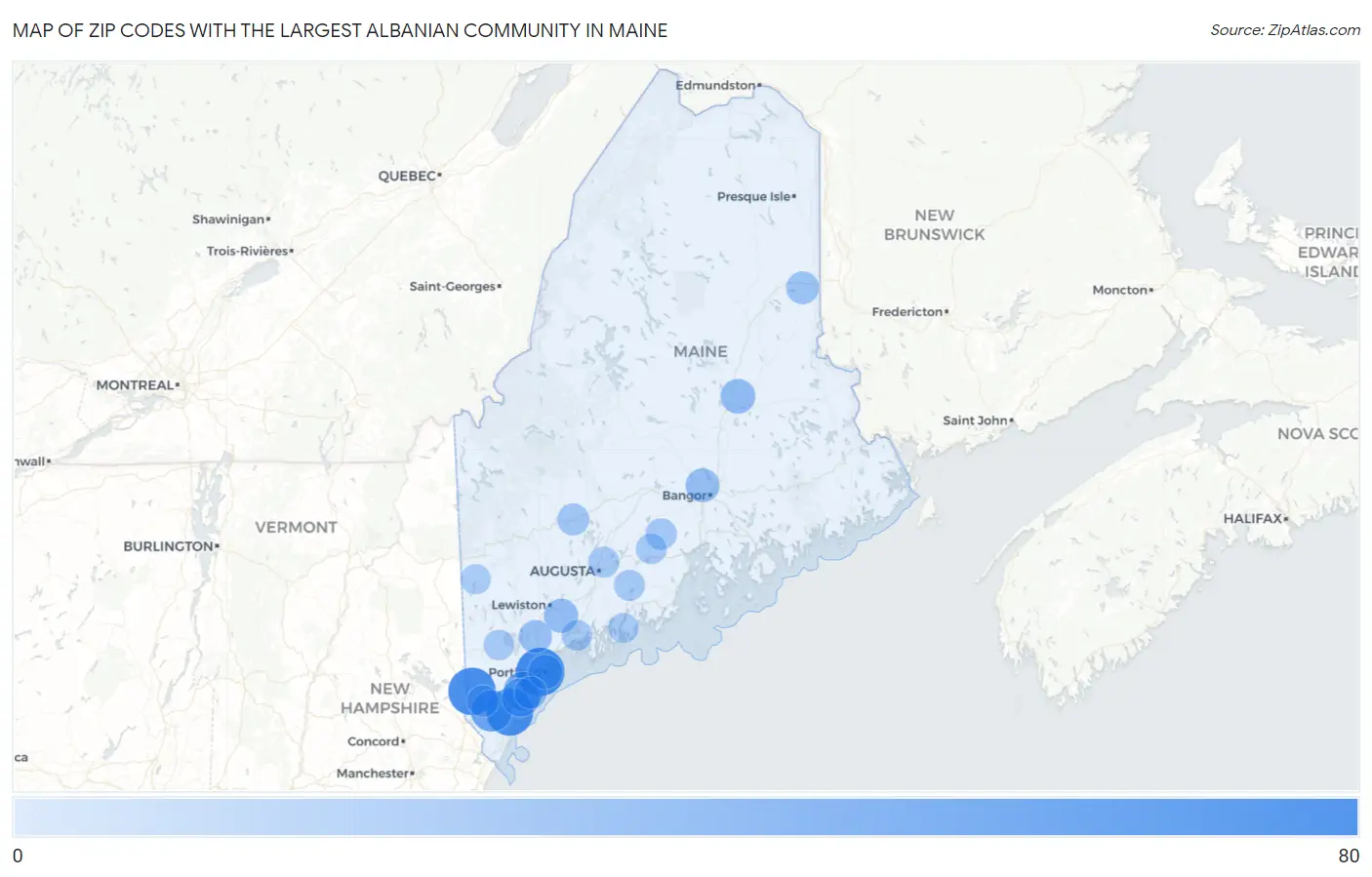 Zip Codes with the Largest Albanian Community in Maine Map