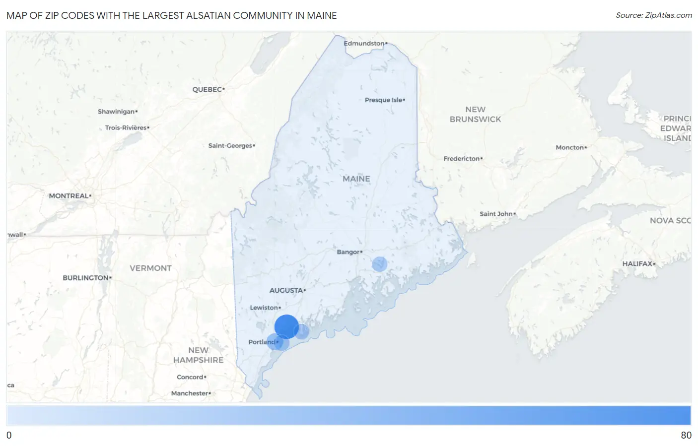 Zip Codes with the Largest Alsatian Community in Maine Map