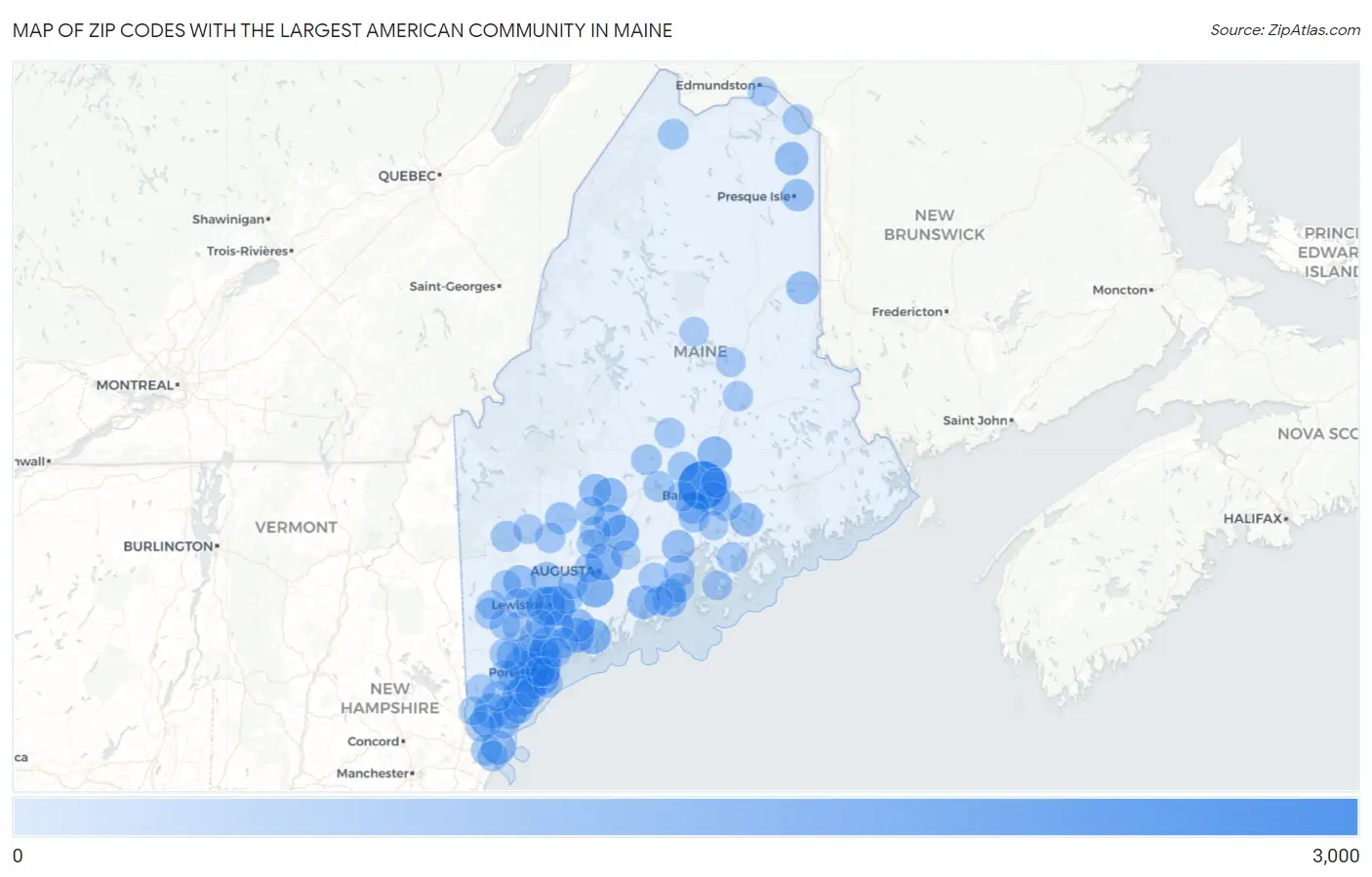 Zip Codes with the Largest American Community in Maine Map
