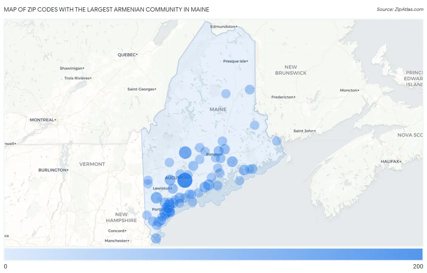 Zip Codes with the Largest Armenian Community in Maine Map
