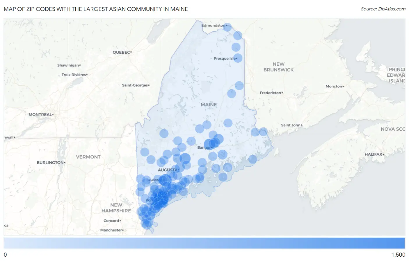 Zip Codes with the Largest Asian Community in Maine Map