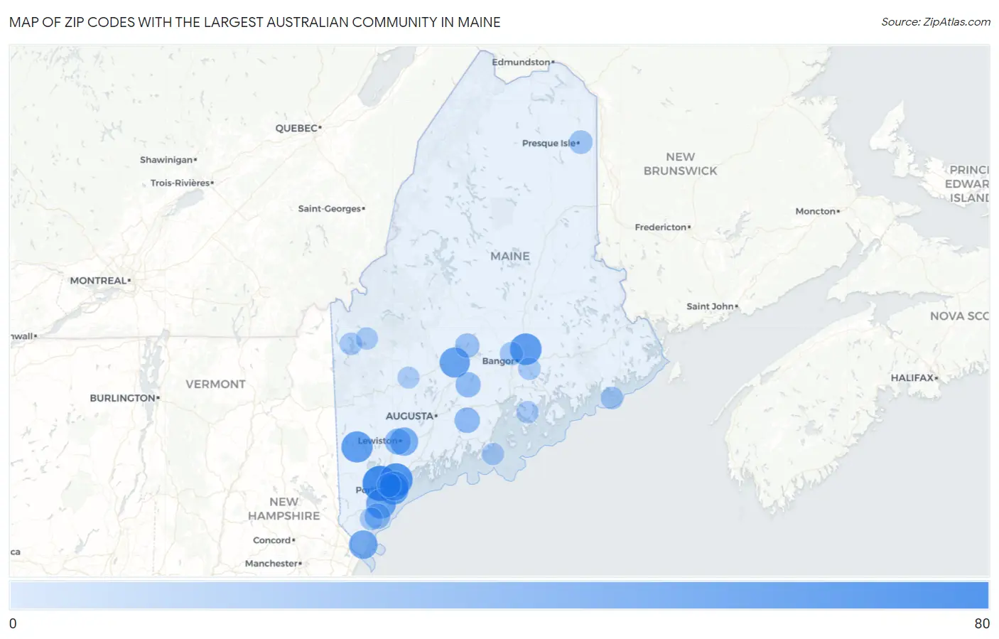 Zip Codes with the Largest Australian Community in Maine Map