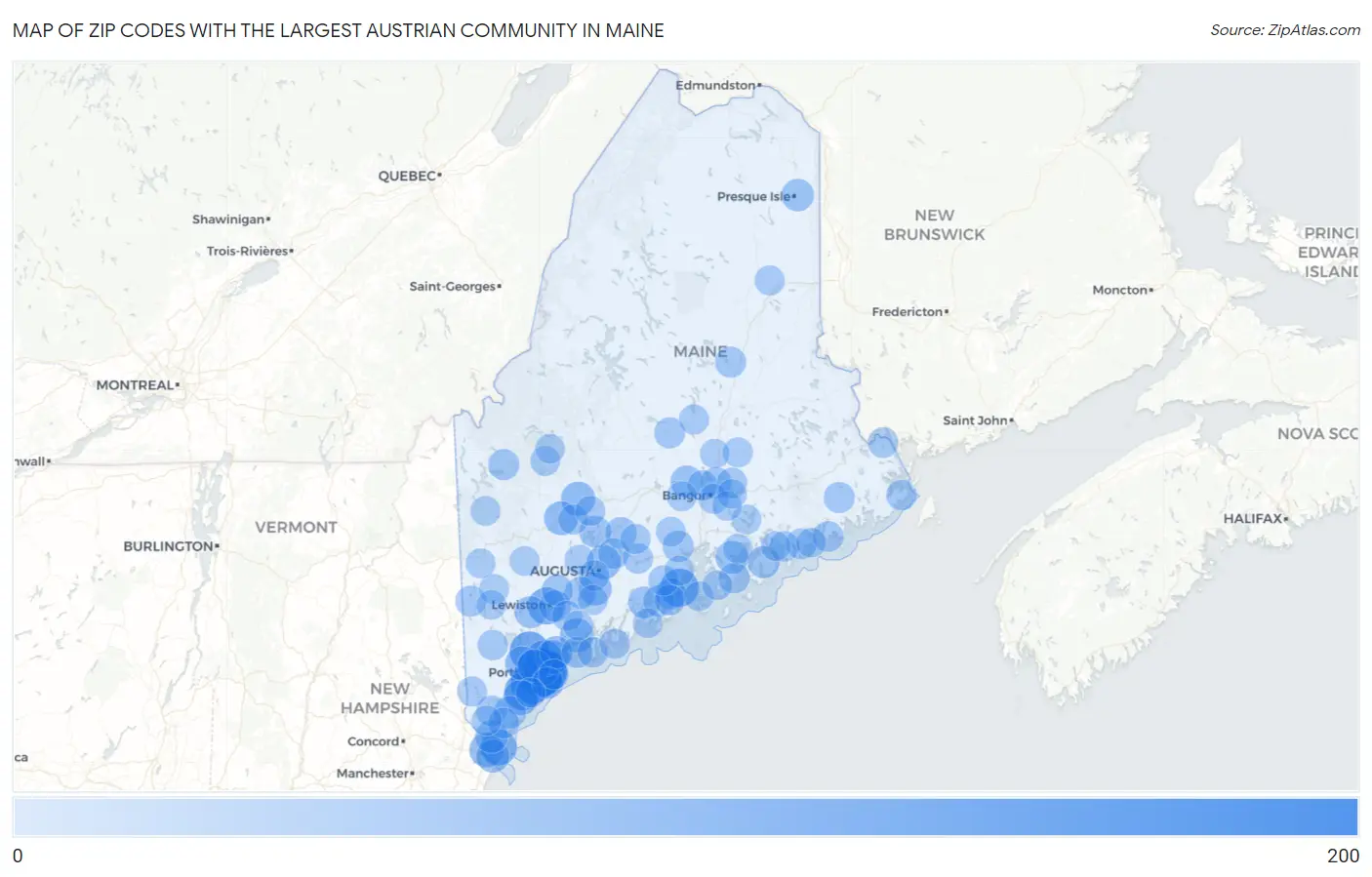 Zip Codes with the Largest Austrian Community in Maine Map