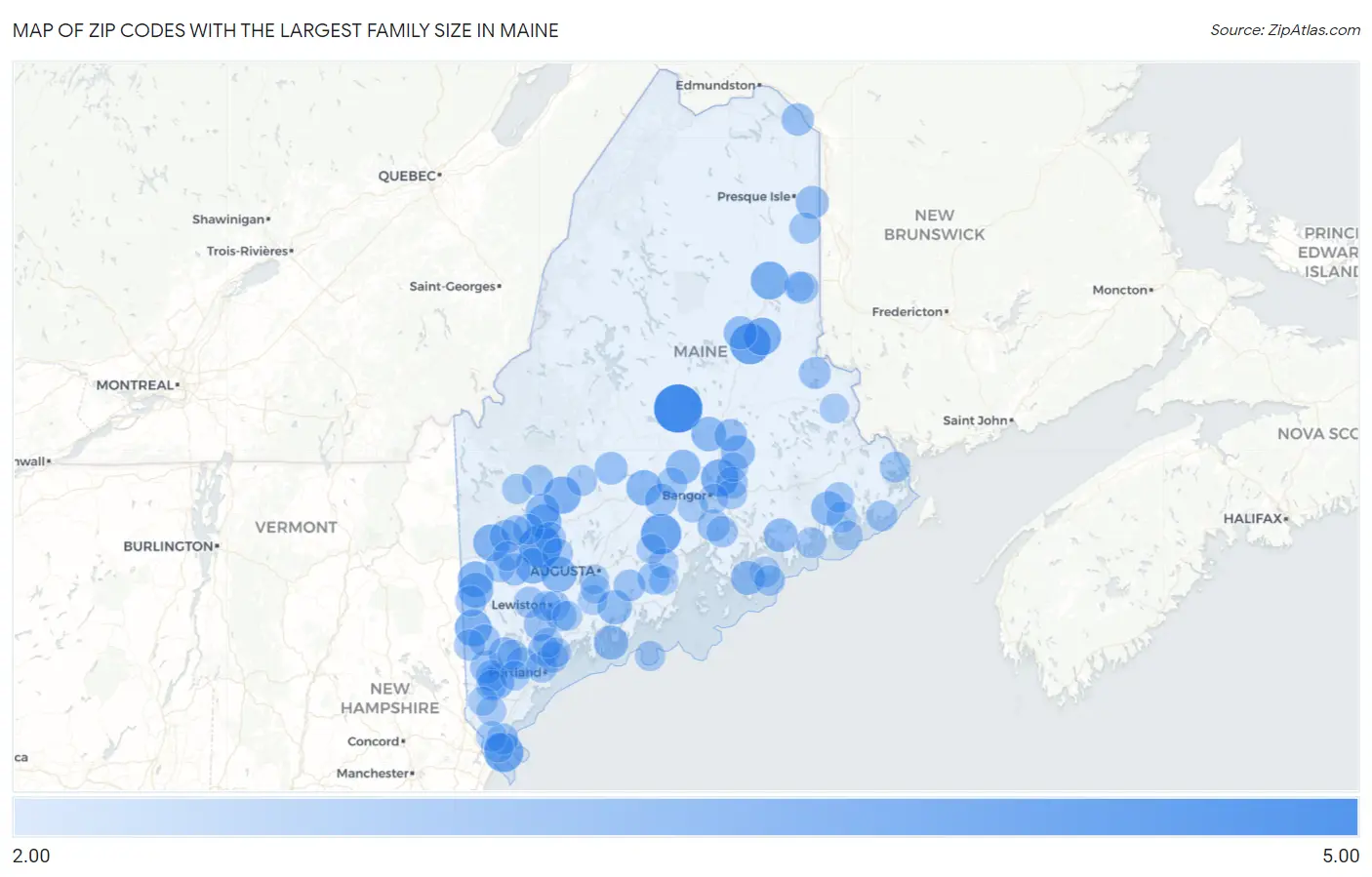 Zip Codes with the Largest Family Size in Maine Map