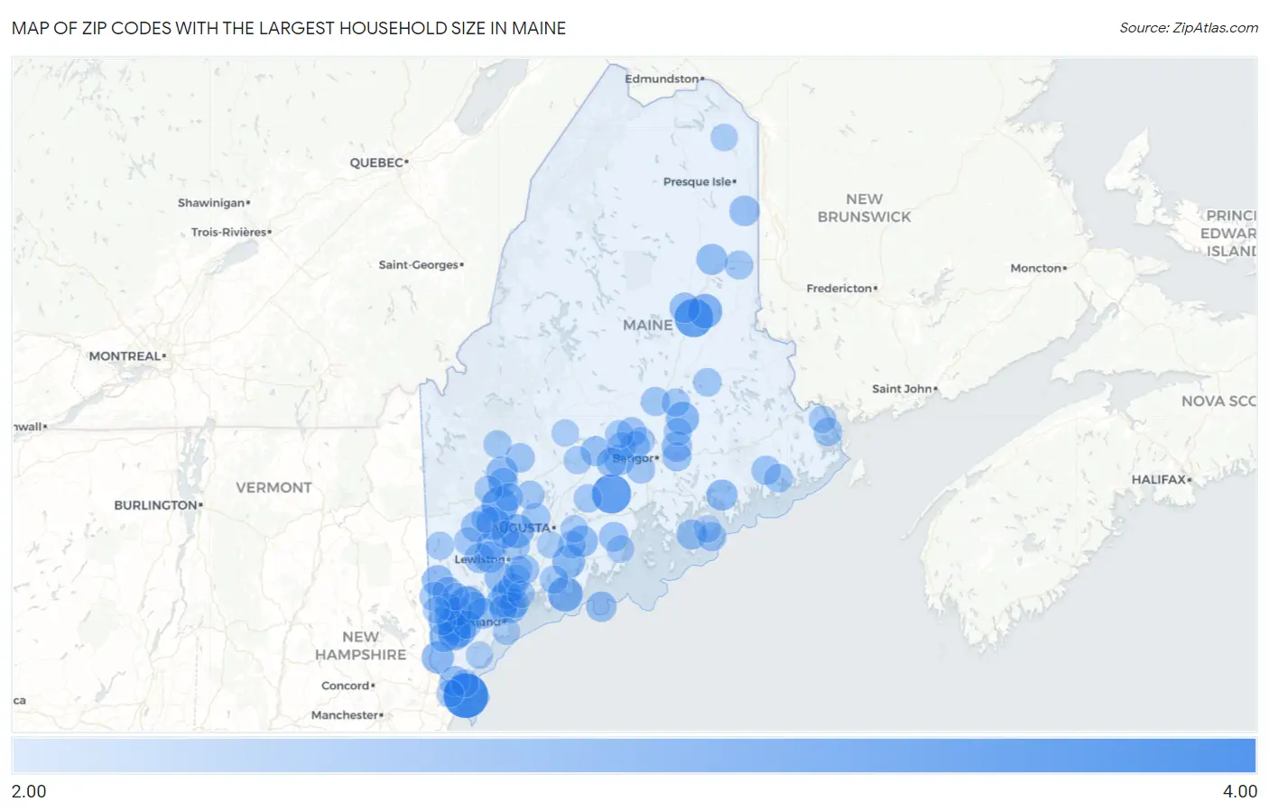 Zip Codes with the Largest Household Size in Maine Map