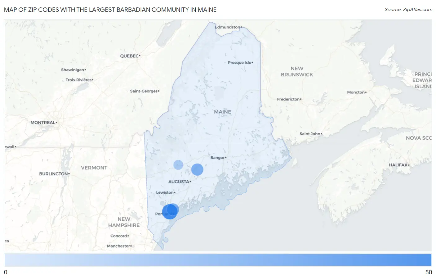 Zip Codes with the Largest Barbadian Community in Maine Map