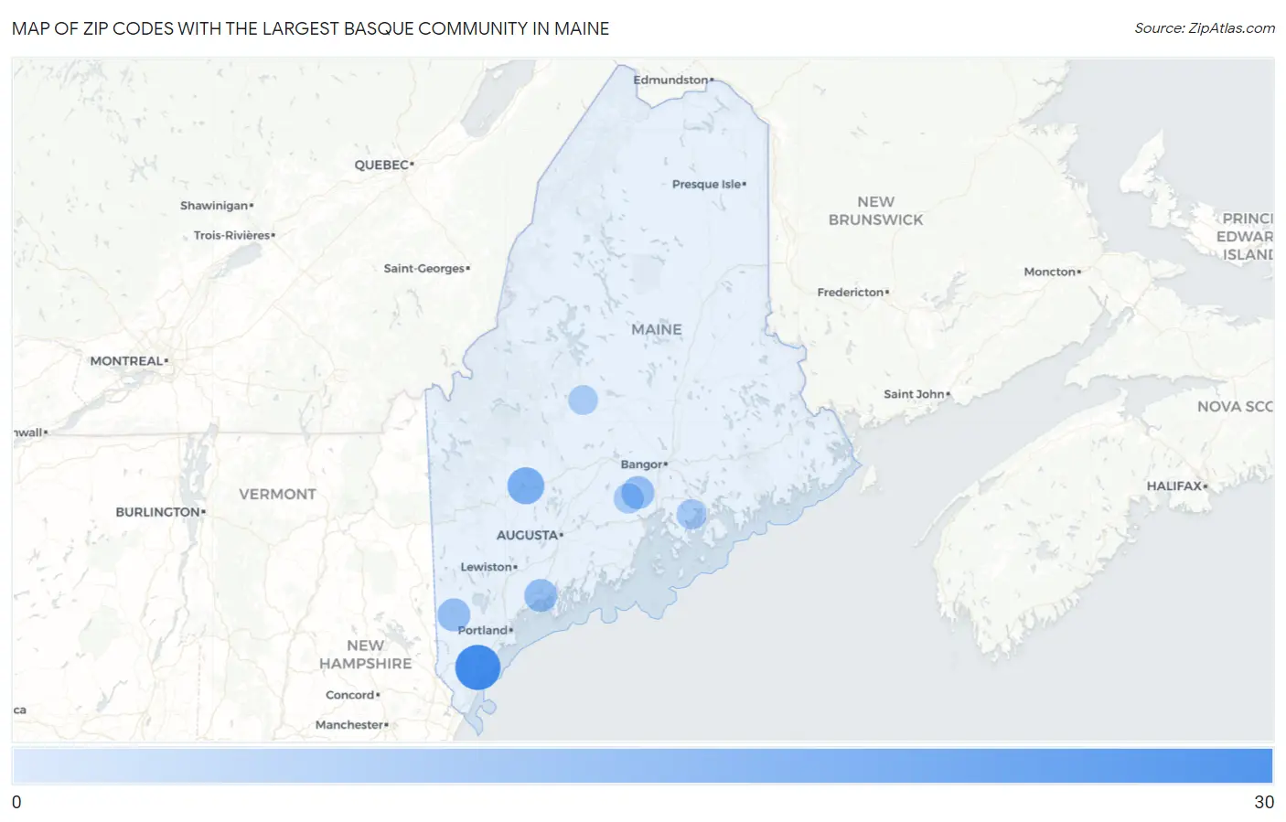 Zip Codes with the Largest Basque Community in Maine Map