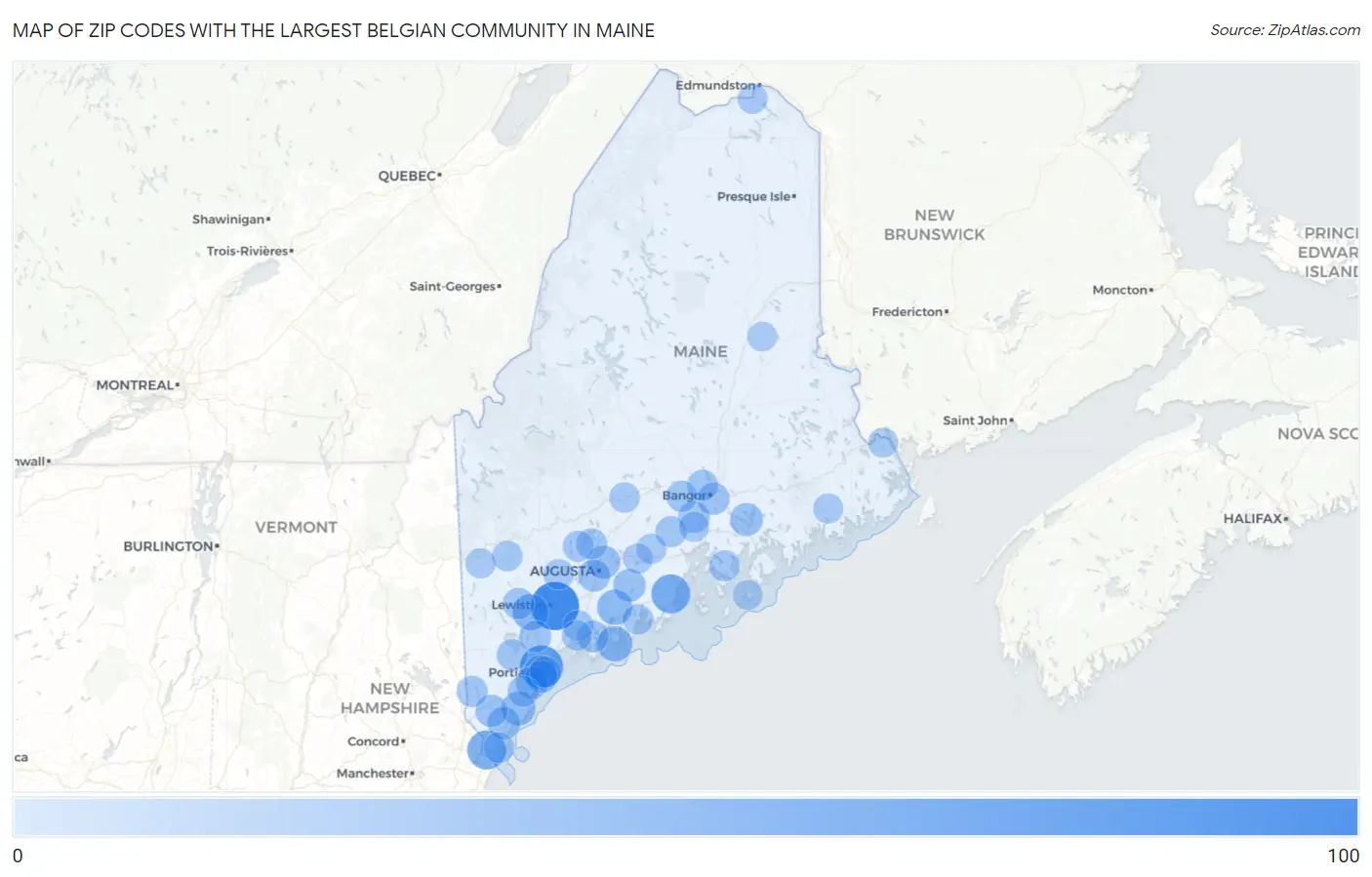 Zip Codes with the Largest Belgian Community in Maine Map