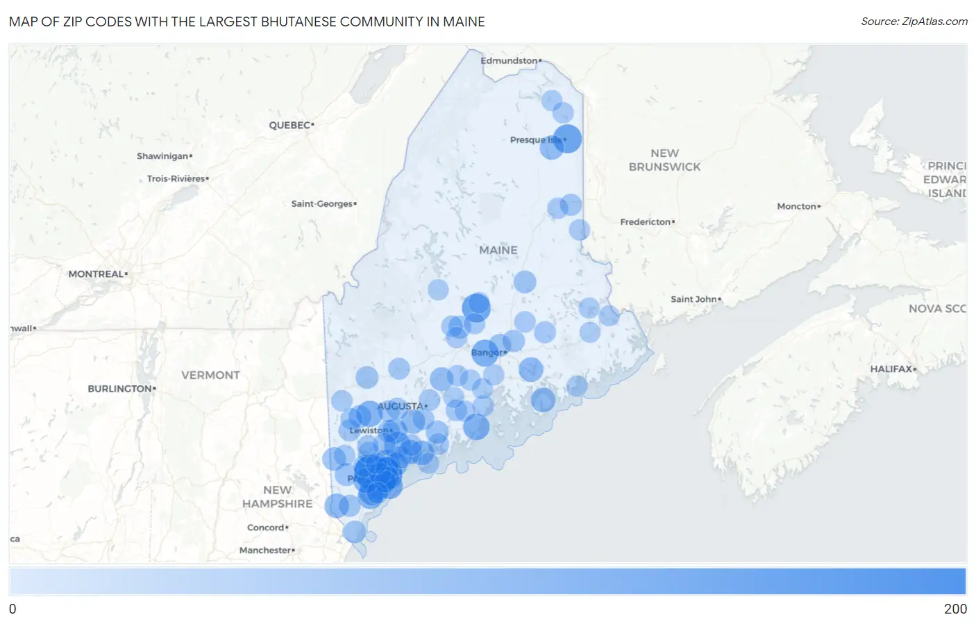 Zip Codes with the Largest Bhutanese Community in Maine Map
