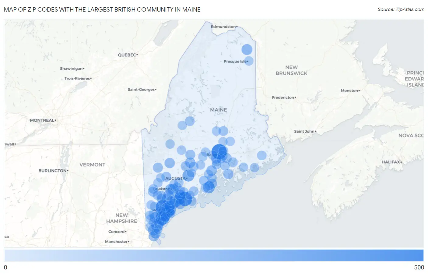 Zip Codes with the Largest British Community in Maine Map