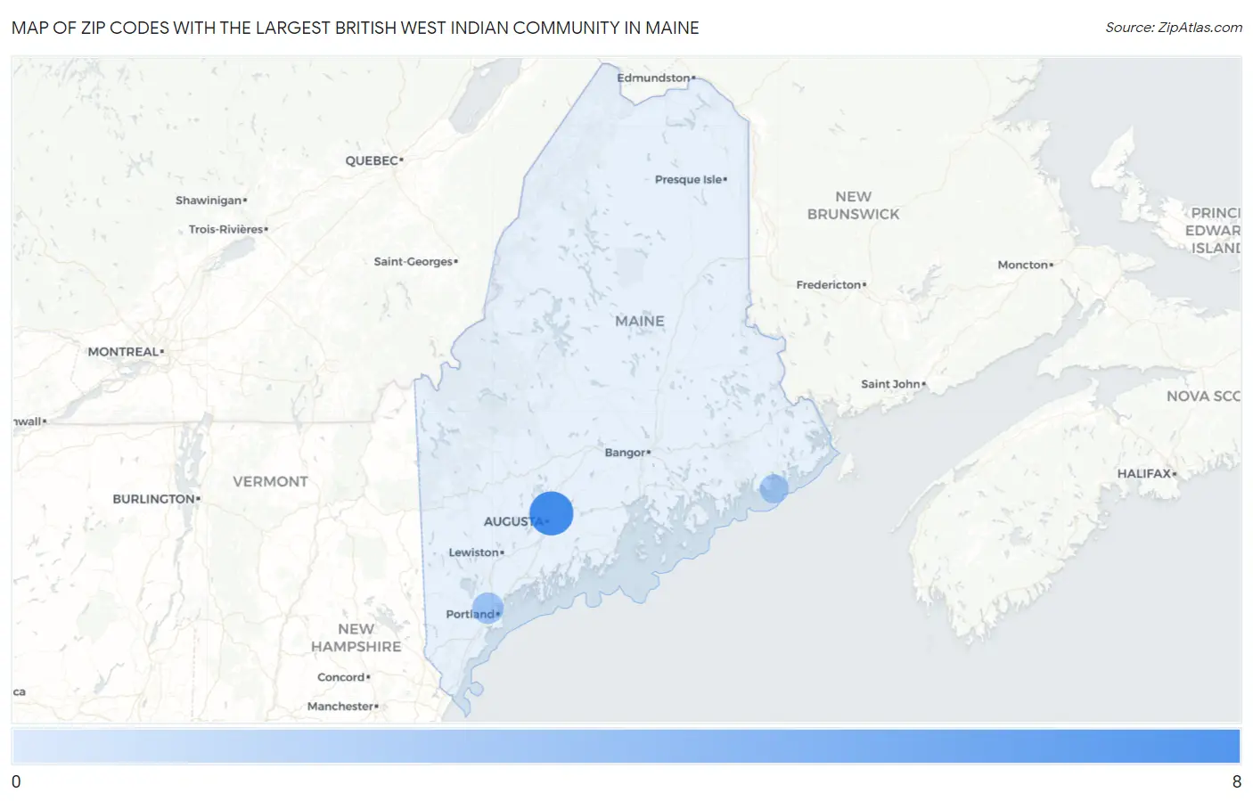 Zip Codes with the Largest British West Indian Community in Maine Map