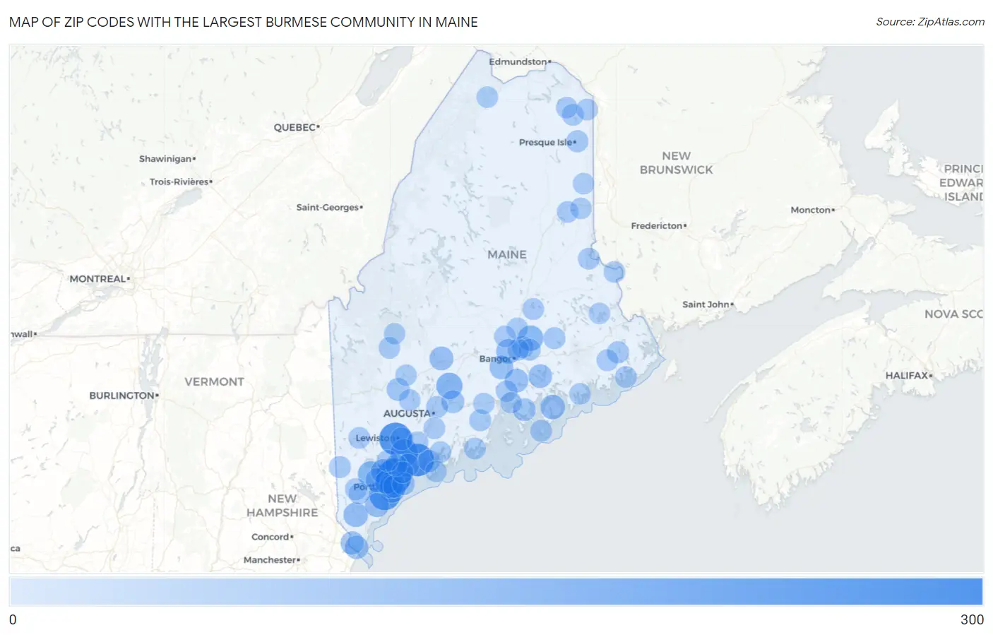 Zip Codes with the Largest Burmese Community in Maine Map