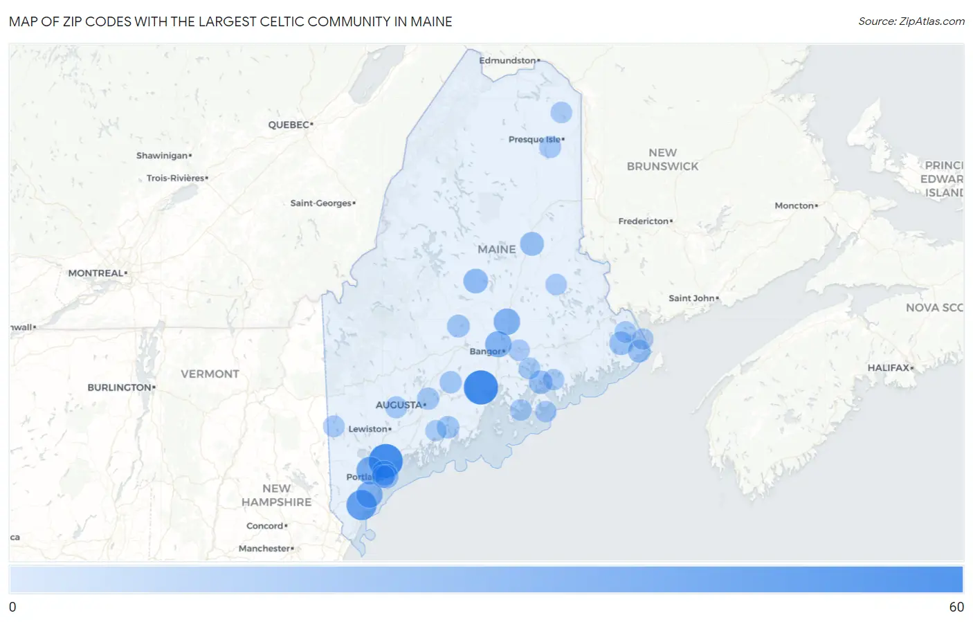 Zip Codes with the Largest Celtic Community in Maine Map