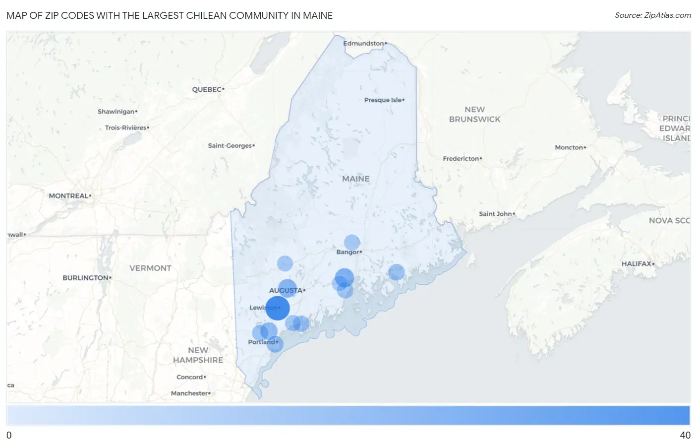 Zip Codes with the Largest Chilean Community in Maine Map