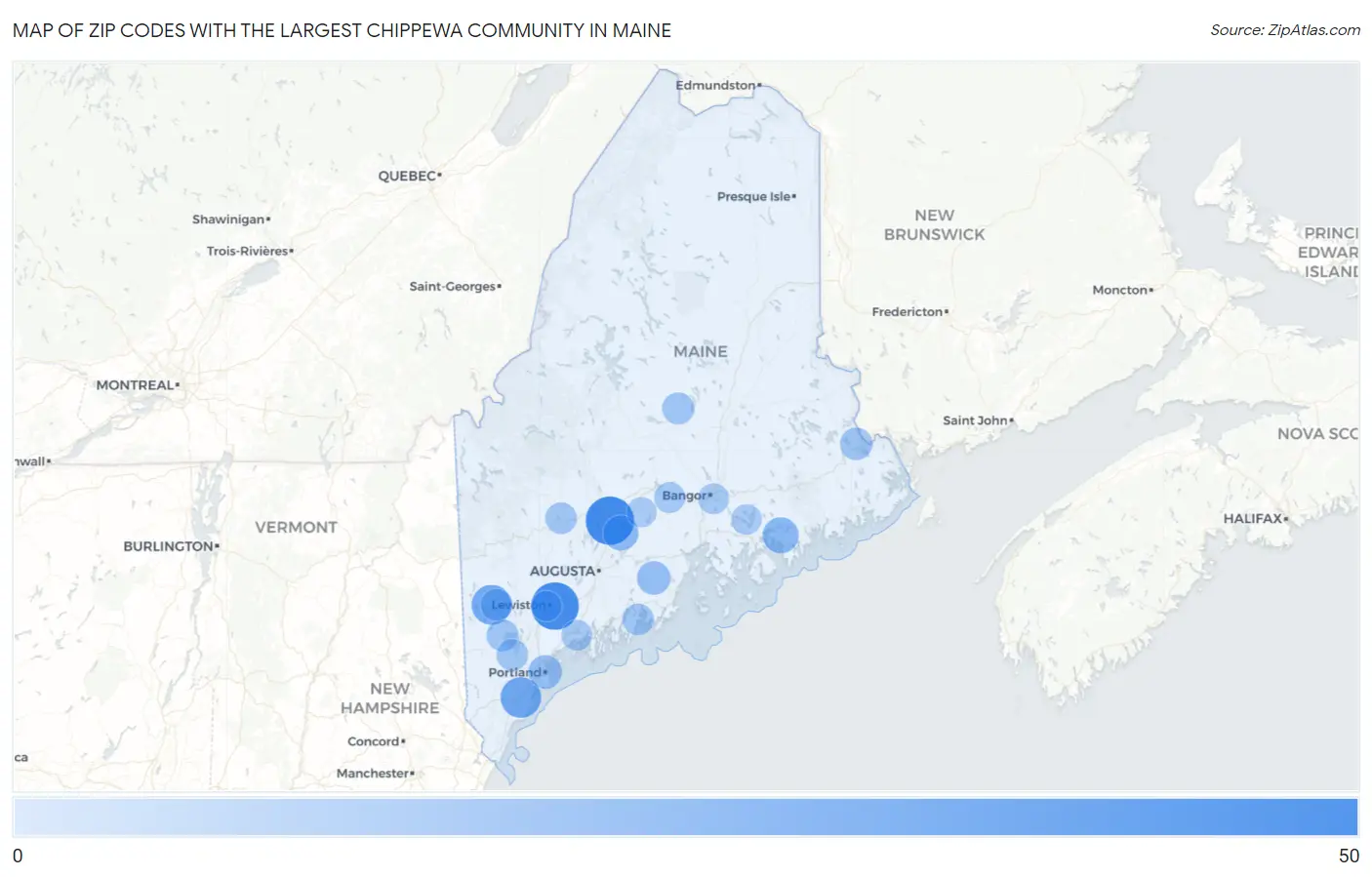 Zip Codes with the Largest Chippewa Community in Maine Map