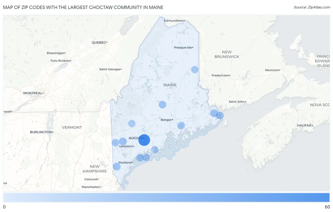 Zip Codes with the Largest Choctaw Community in Maine Map