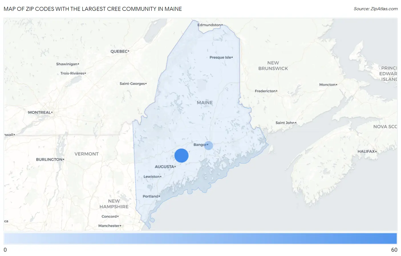 Zip Codes with the Largest Cree Community in Maine Map