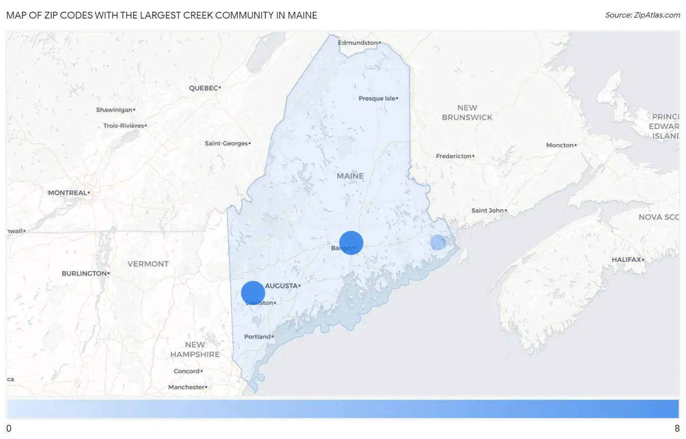 Zip Codes with the Largest Creek Community in Maine Map