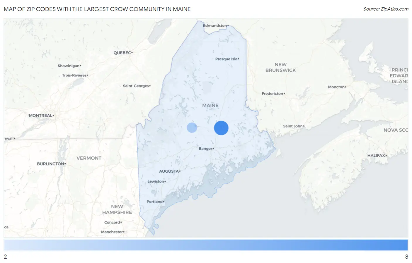 Zip Codes with the Largest Crow Community in Maine Map