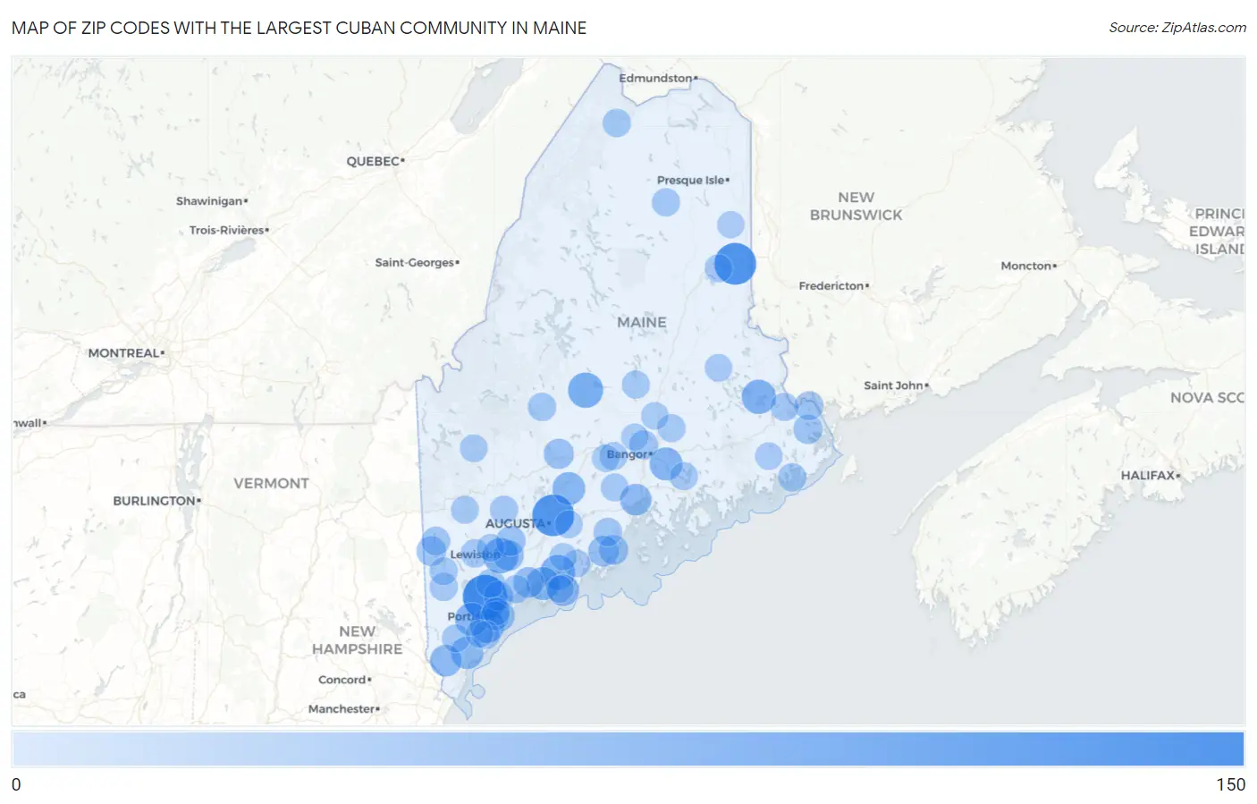 Zip Codes with the Largest Cuban Community in Maine Map