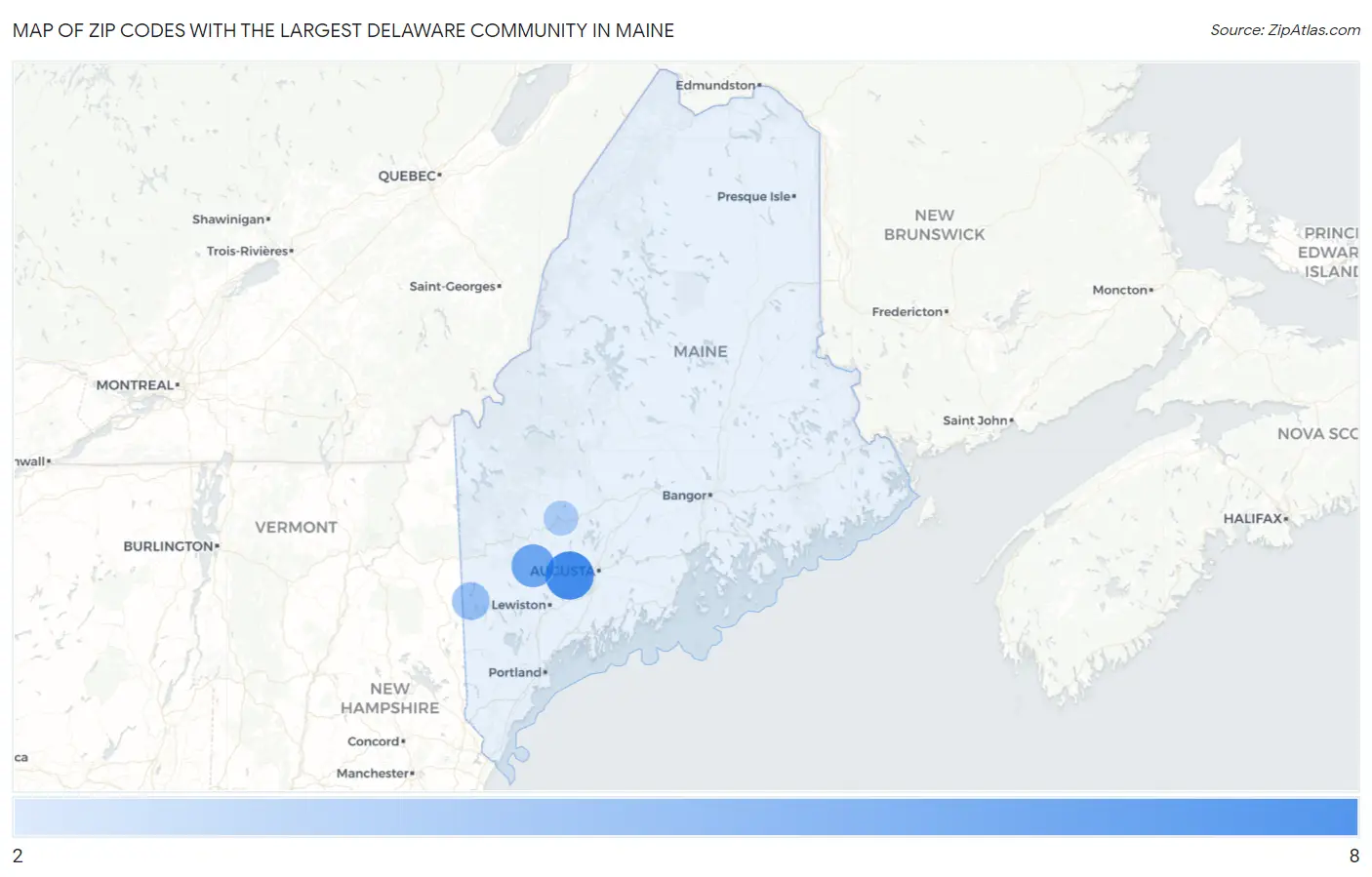 Zip Codes with the Largest Delaware Community in Maine Map