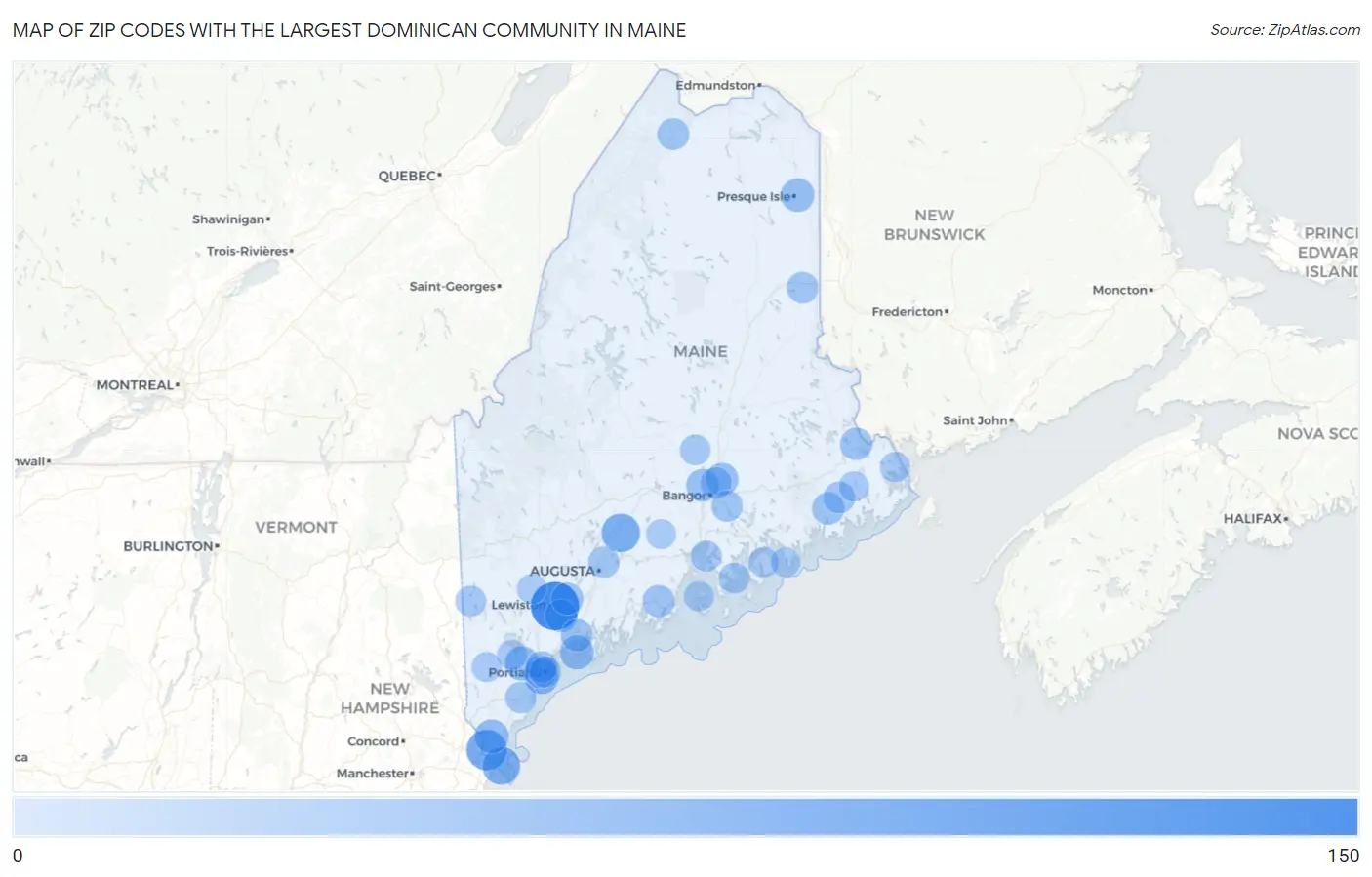 Zip Codes with the Largest Dominican Community in Maine Map