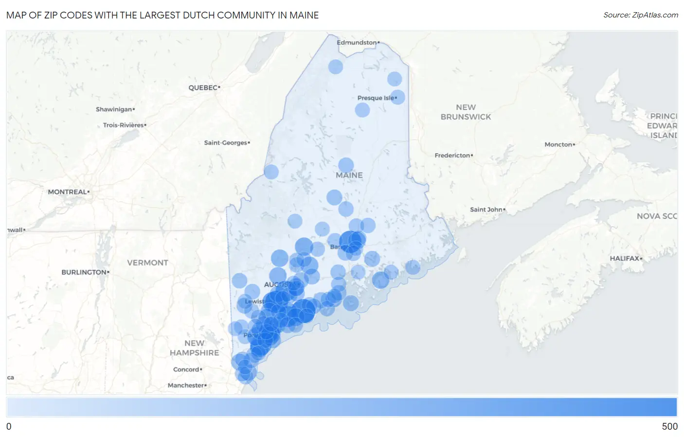 Zip Codes with the Largest Dutch Community in Maine Map
