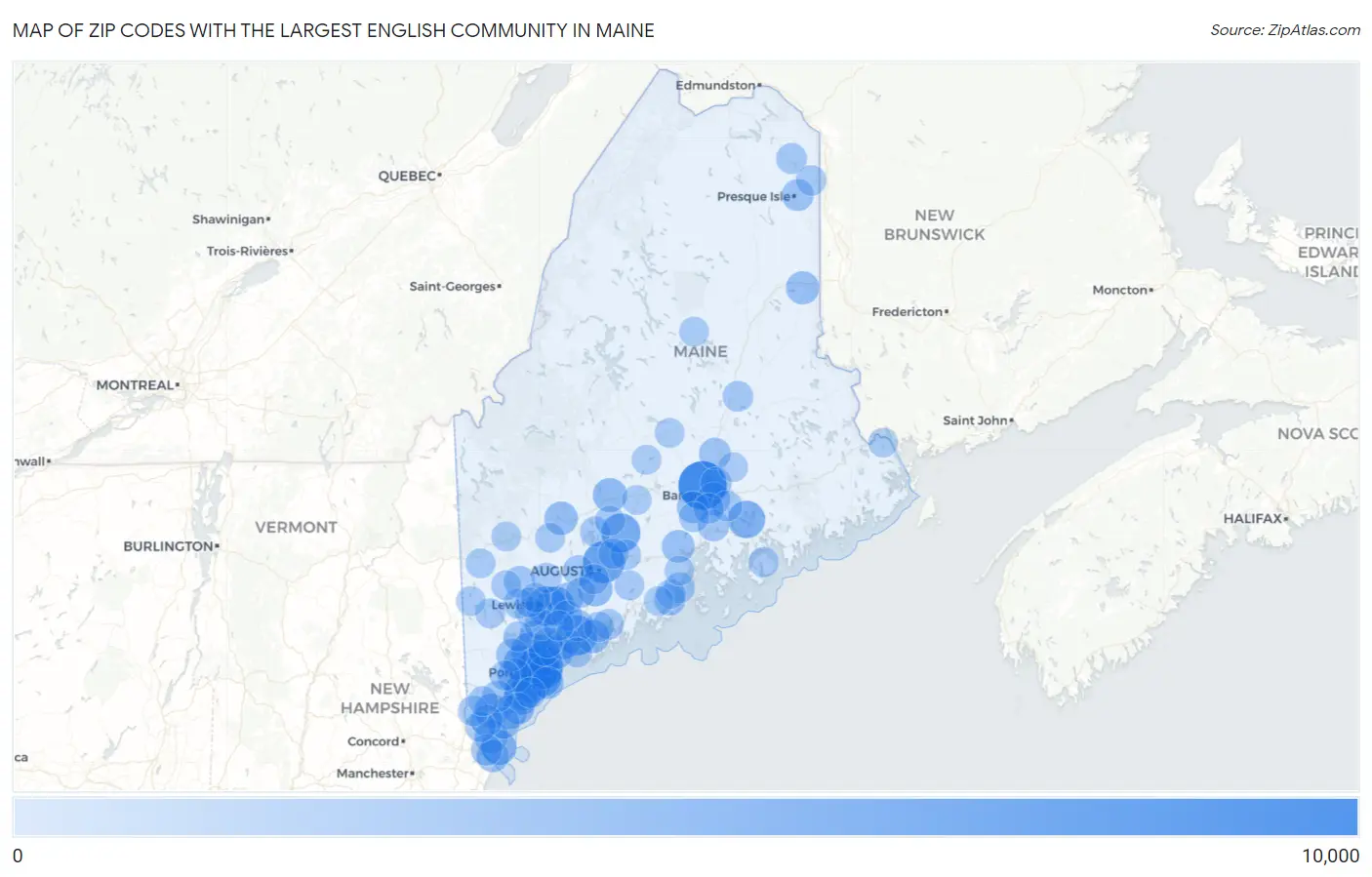 Zip Codes with the Largest English Community in Maine Map