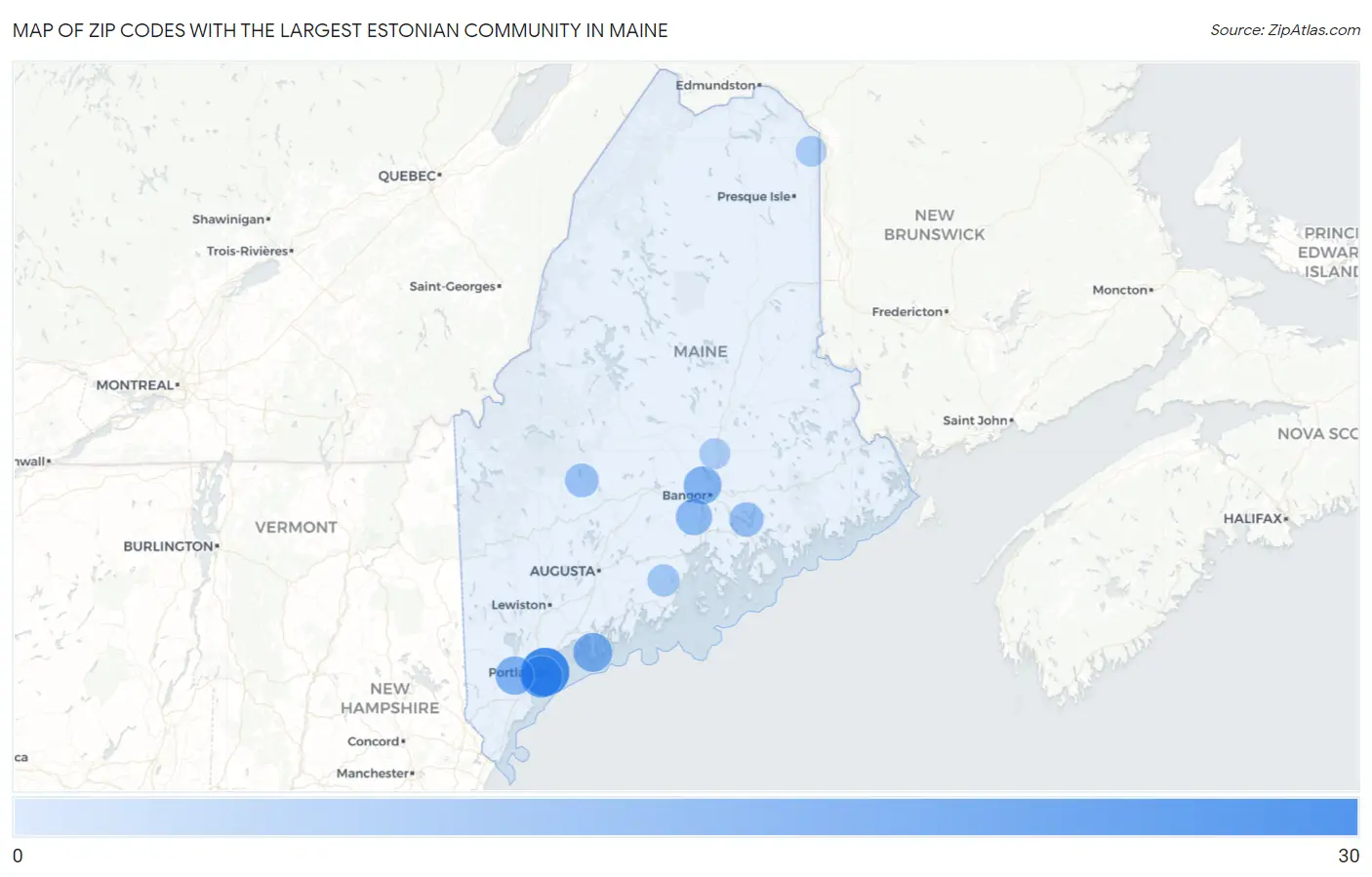 Zip Codes with the Largest Estonian Community in Maine Map