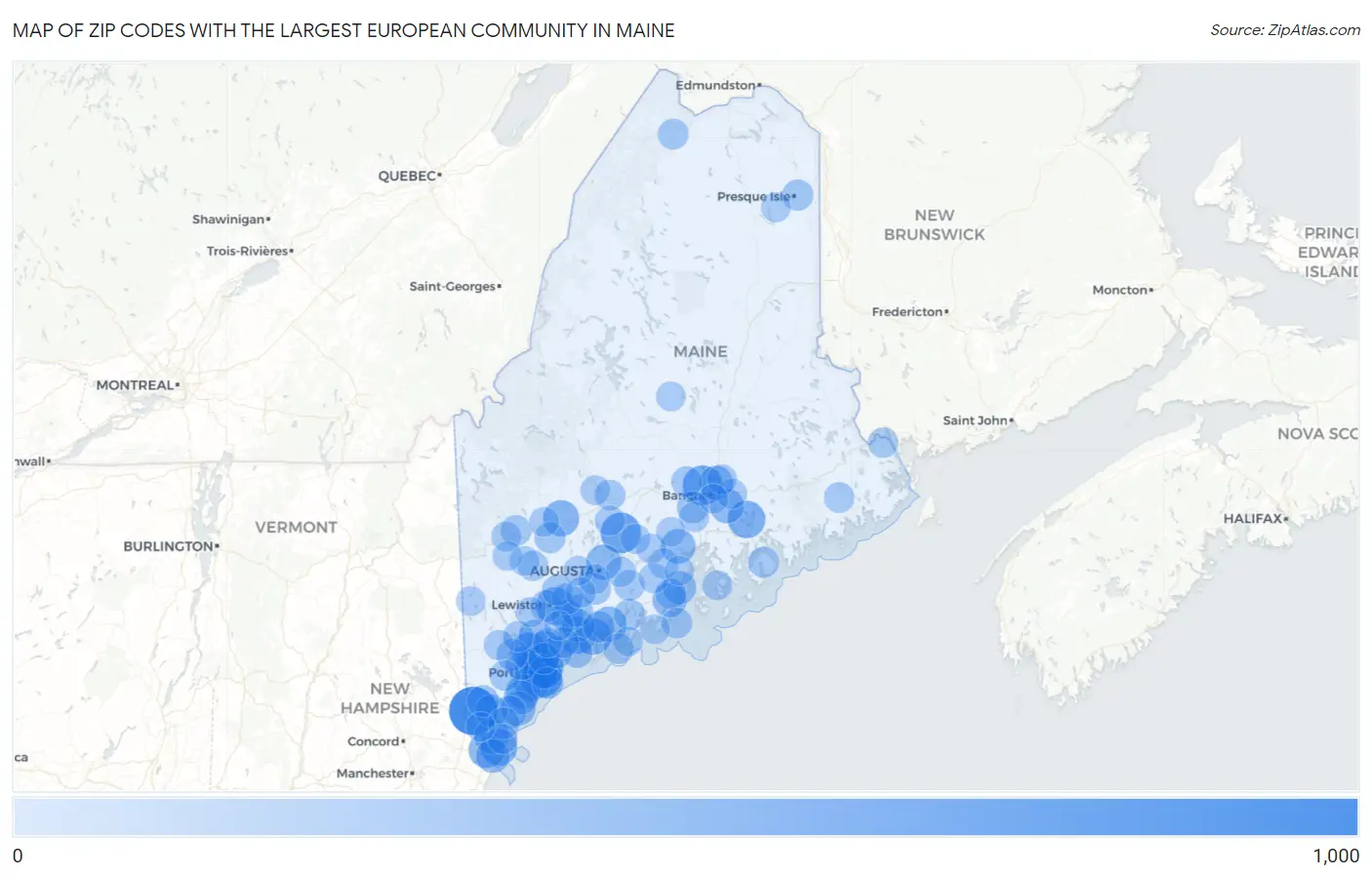 Zip Codes with the Largest European Community in Maine Map