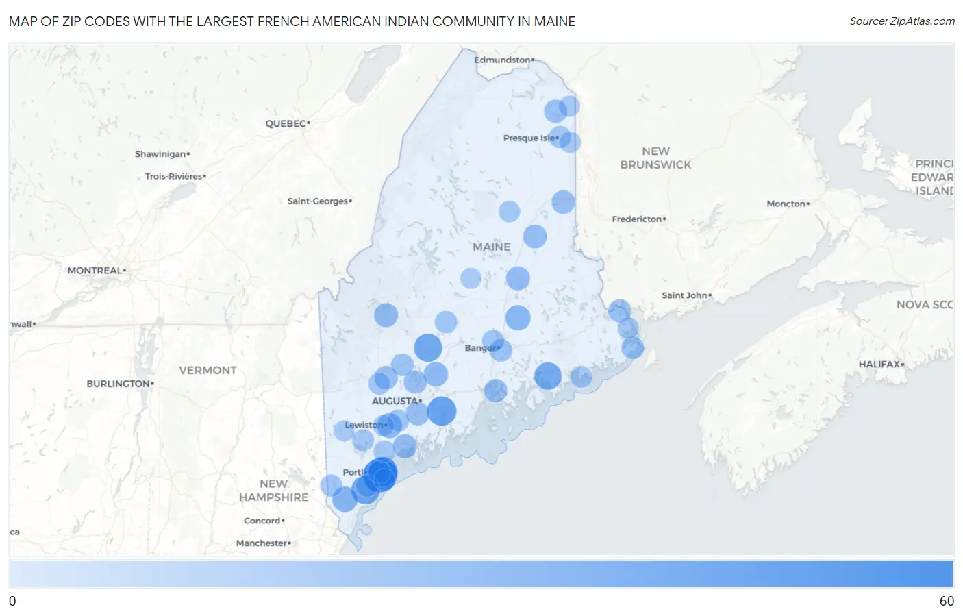 Zip Codes with the Largest French American Indian Community in Maine Map