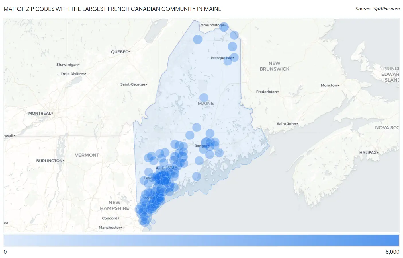 Zip Codes with the Largest French Canadian Community in Maine Map