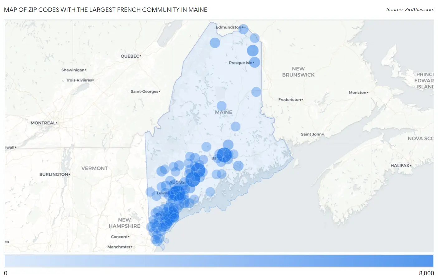 Zip Codes with the Largest French Community in Maine Map