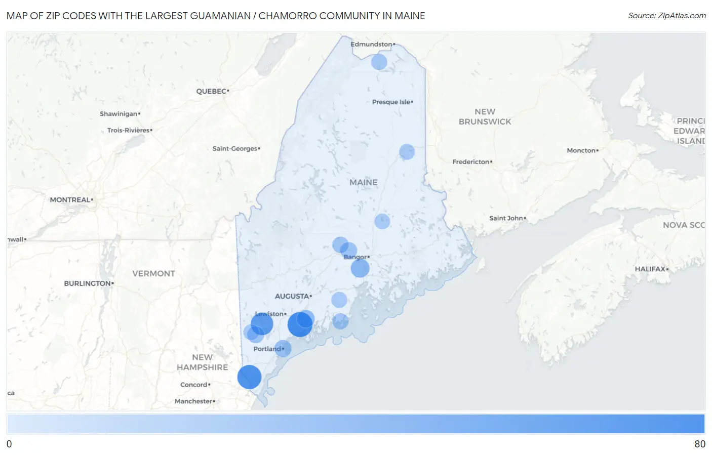 Zip Codes with the Largest Guamanian / Chamorro Community in Maine Map