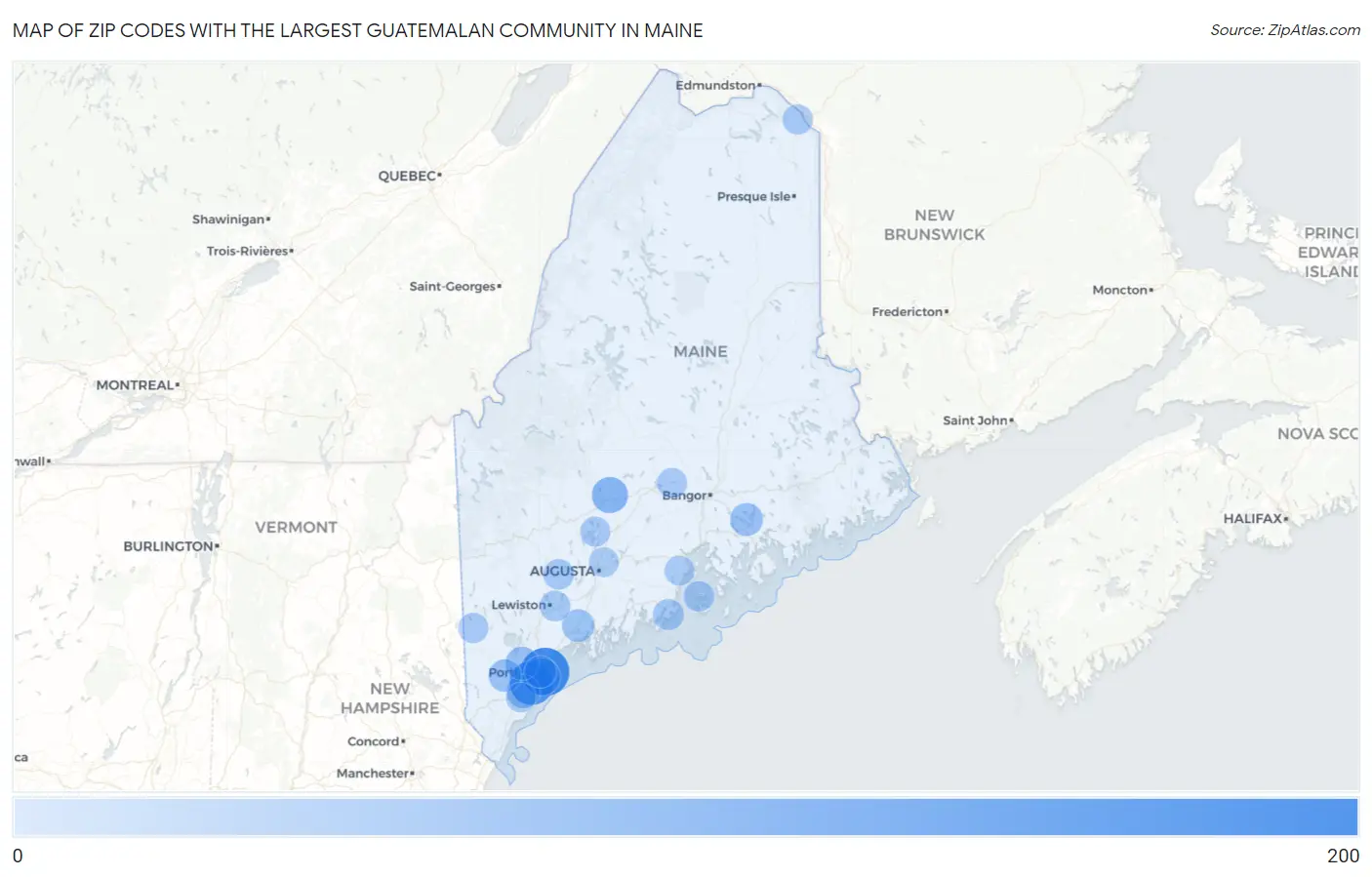Zip Codes with the Largest Guatemalan Community in Maine Map