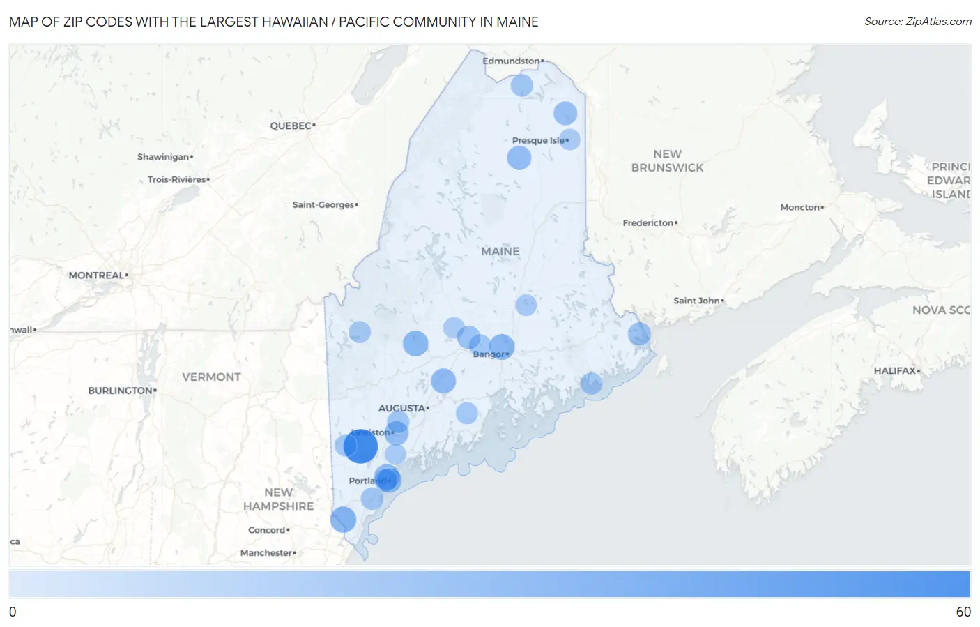 Zip Codes with the Largest Hawaiian / Pacific Community in Maine Map