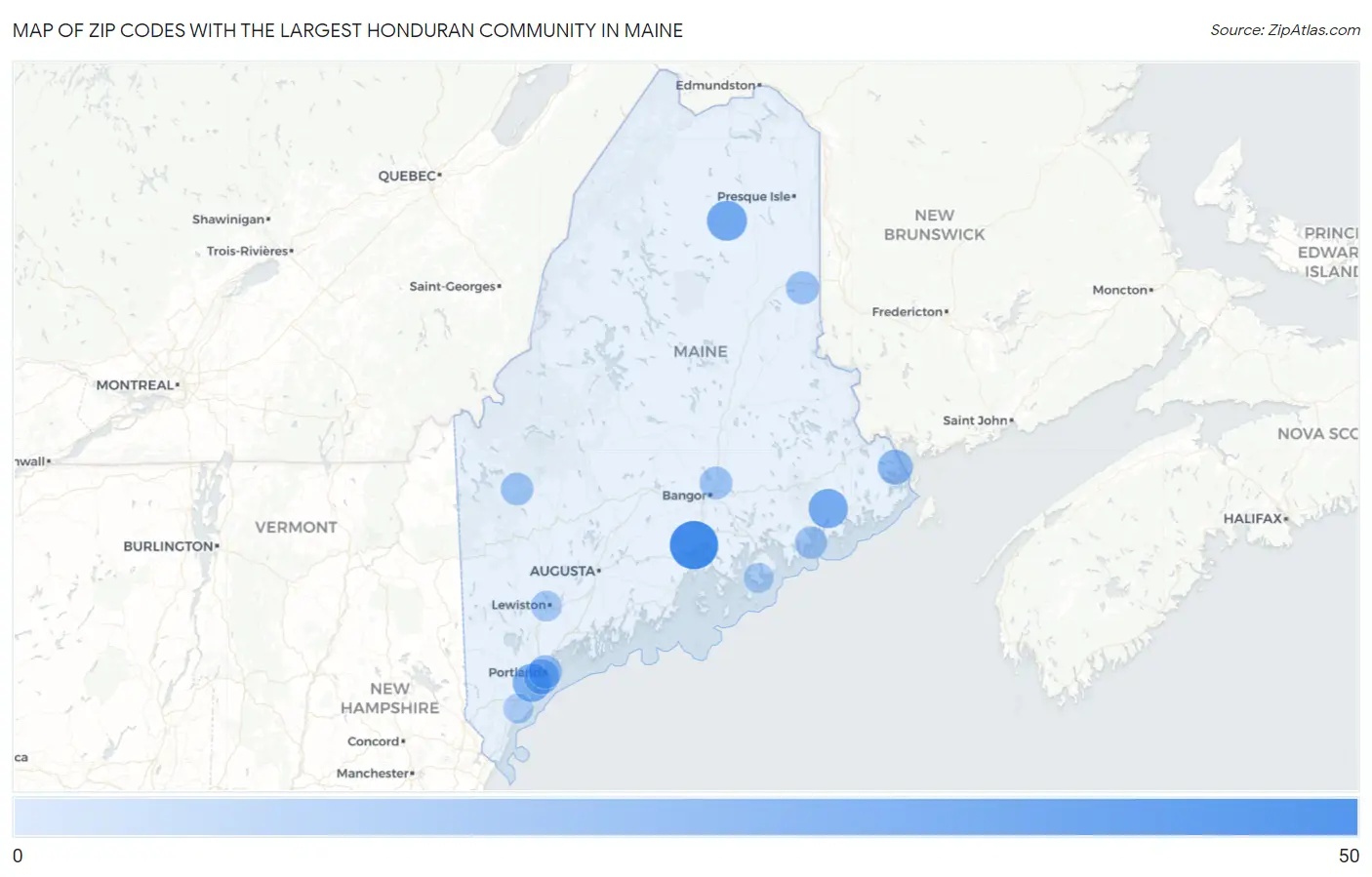 Zip Codes with the Largest Honduran Community in Maine Map