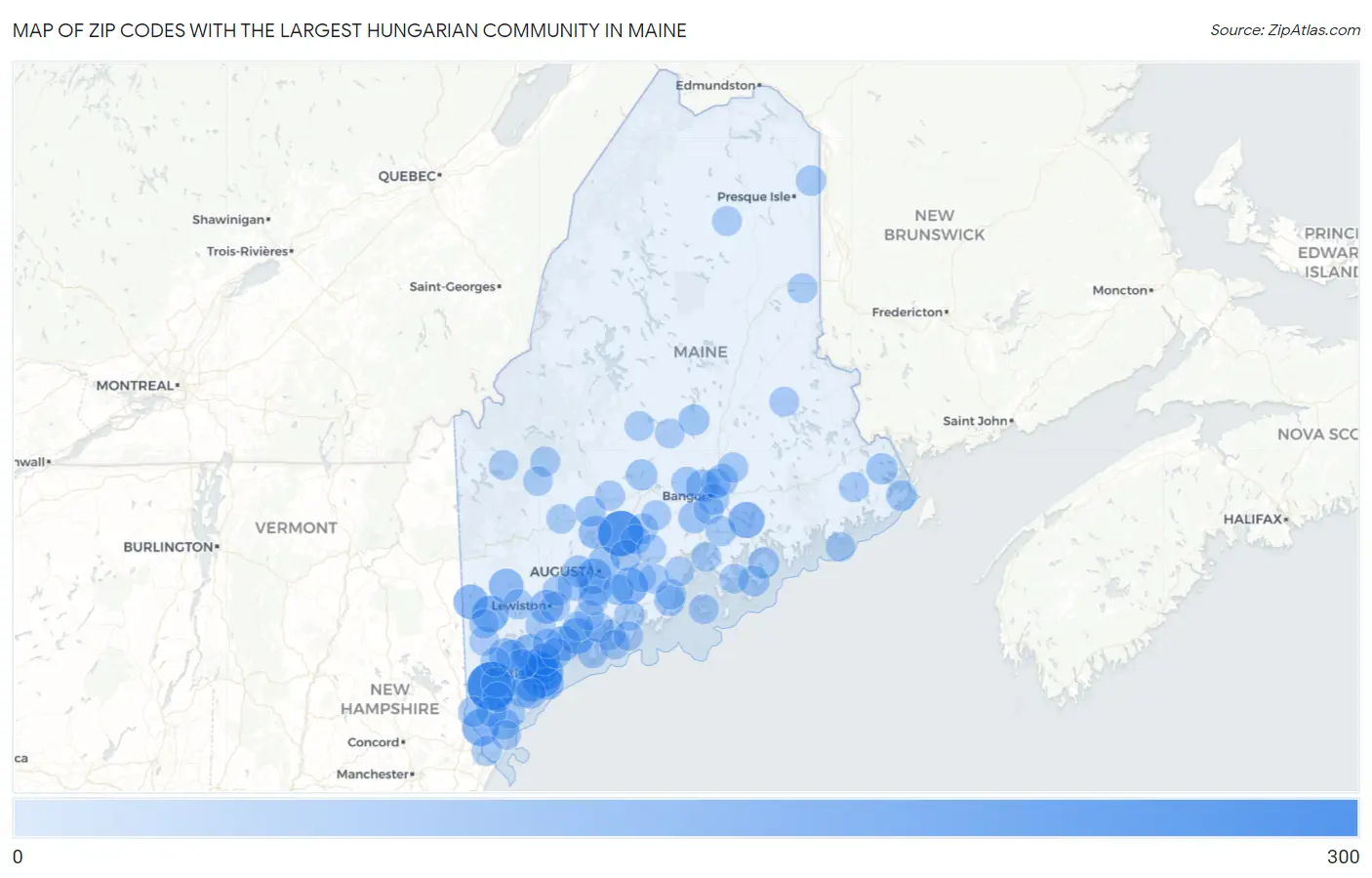 Zip Codes with the Largest Hungarian Community in Maine Map
