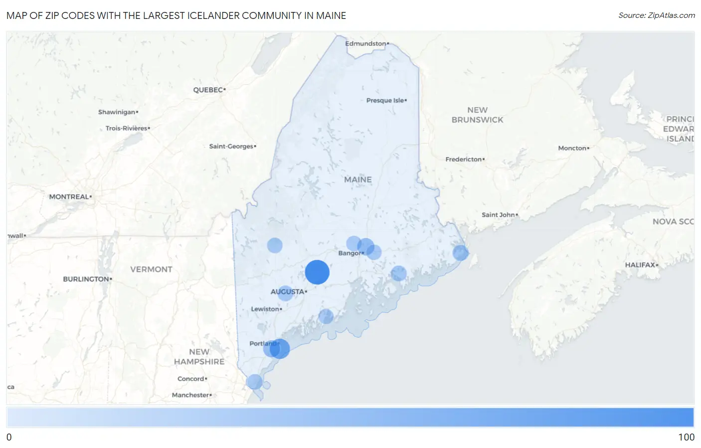 Zip Codes with the Largest Icelander Community in Maine Map