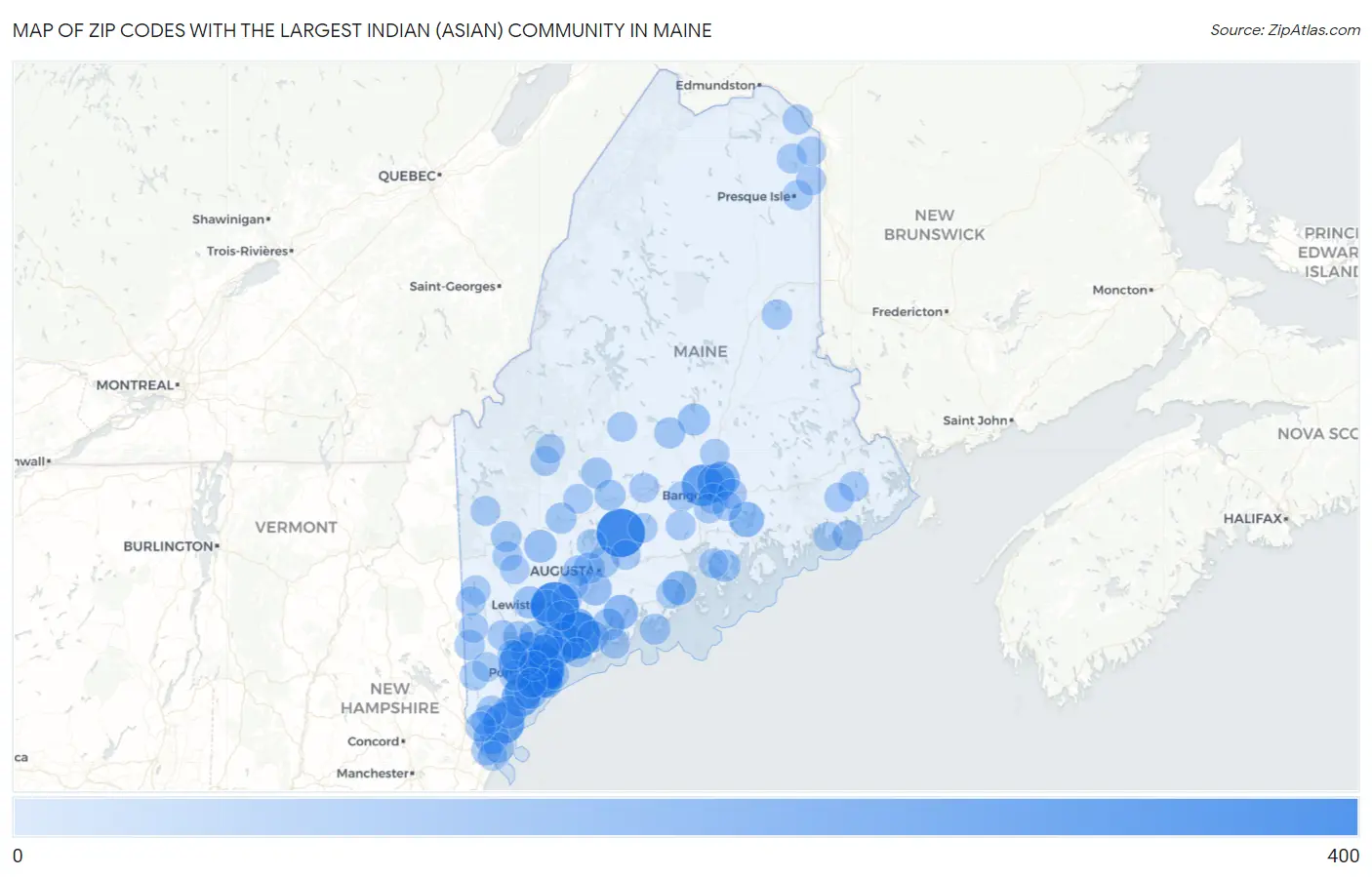 Zip Codes with the Largest Indian (Asian) Community in Maine Map