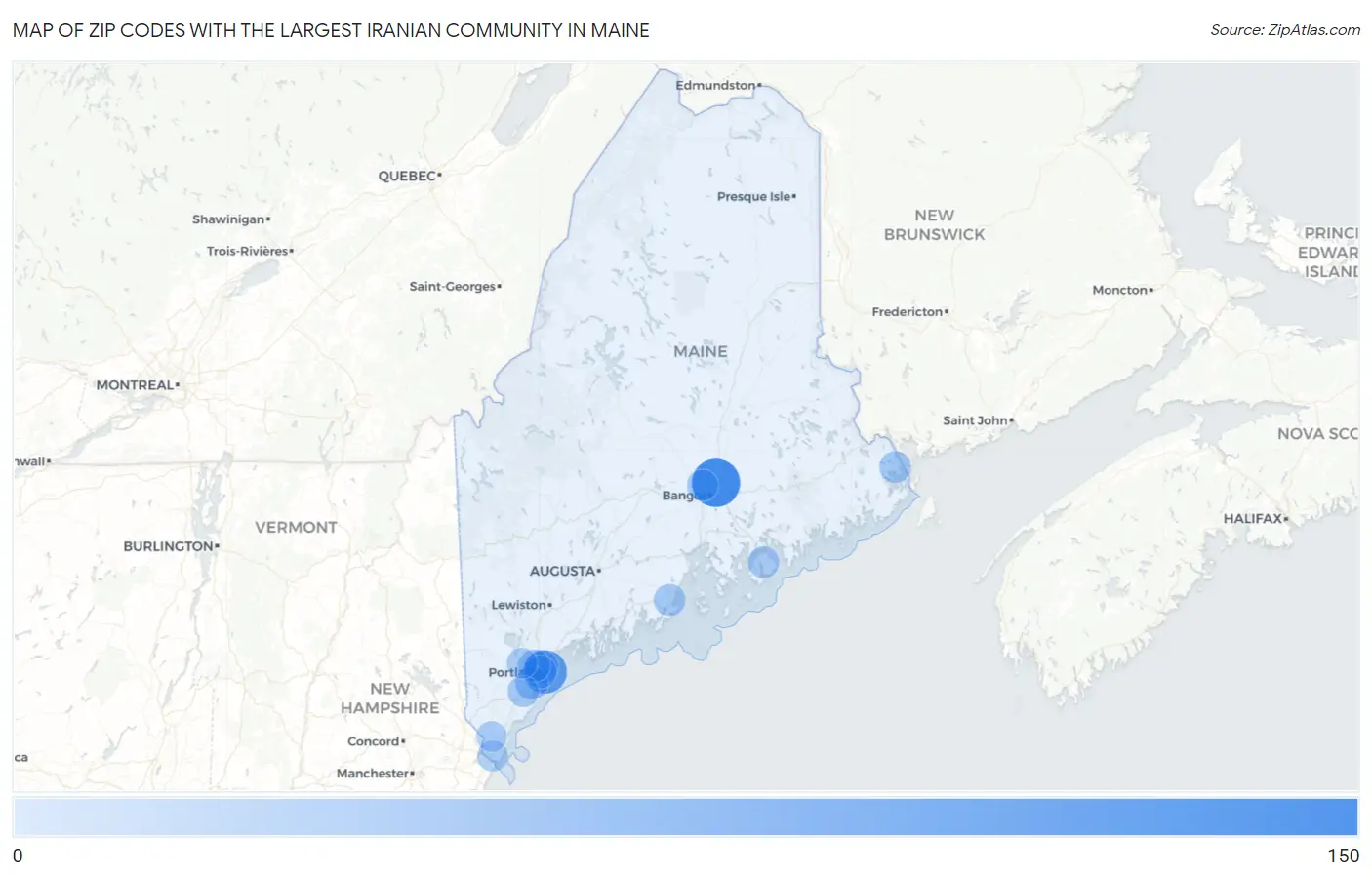 Zip Codes with the Largest Iranian Community in Maine Map
