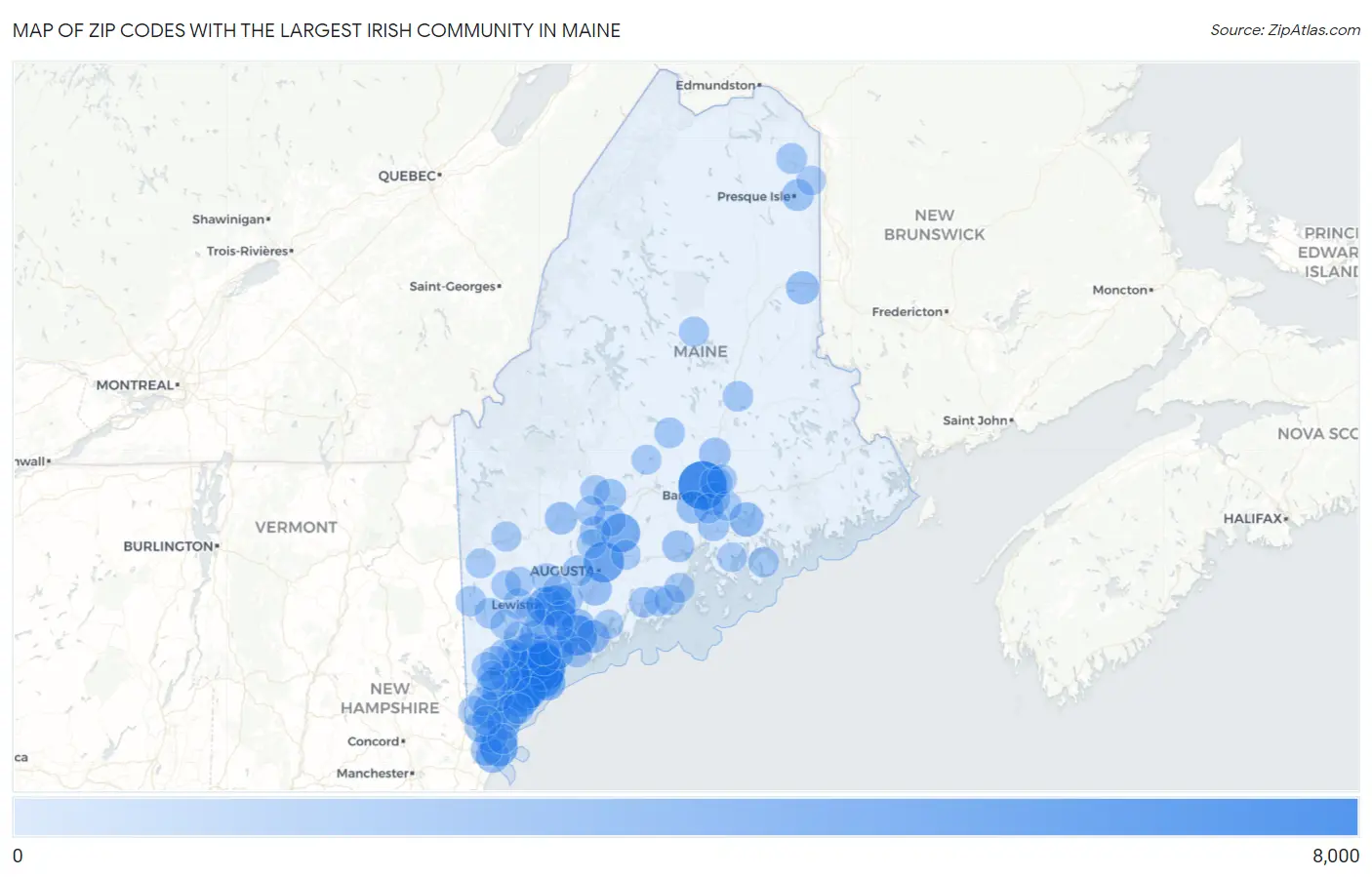 Zip Codes with the Largest Irish Community in Maine Map