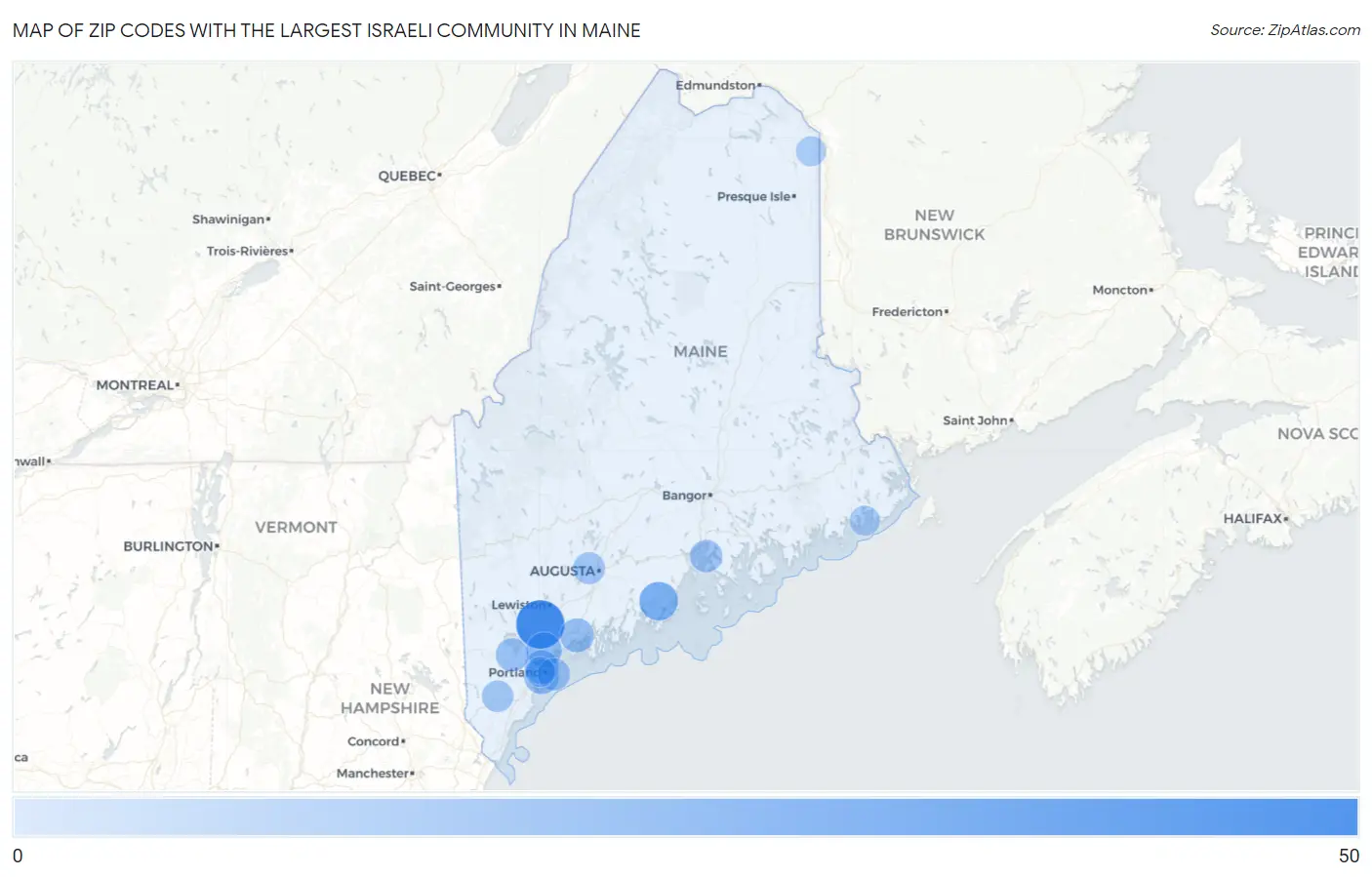 Zip Codes with the Largest Israeli Community in Maine Map