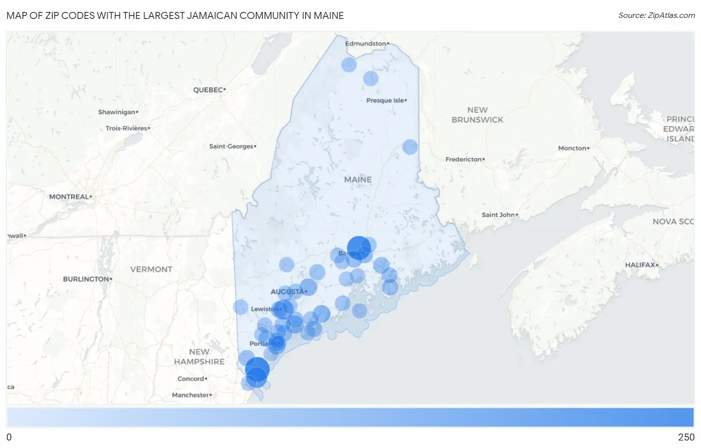 Zip Codes with the Largest Jamaican Community in Maine Map