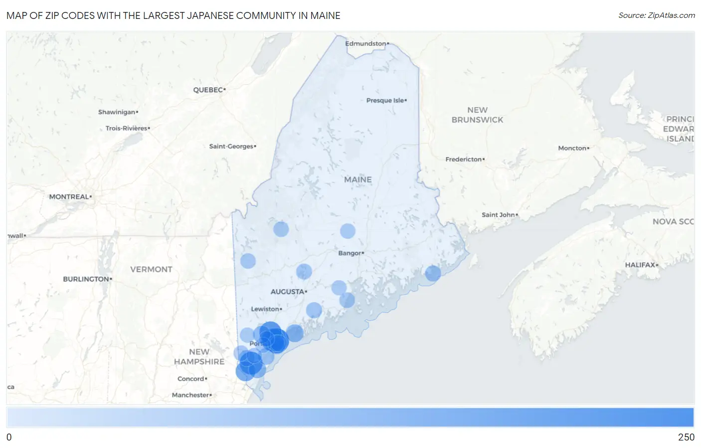 Zip Codes with the Largest Japanese Community in Maine Map