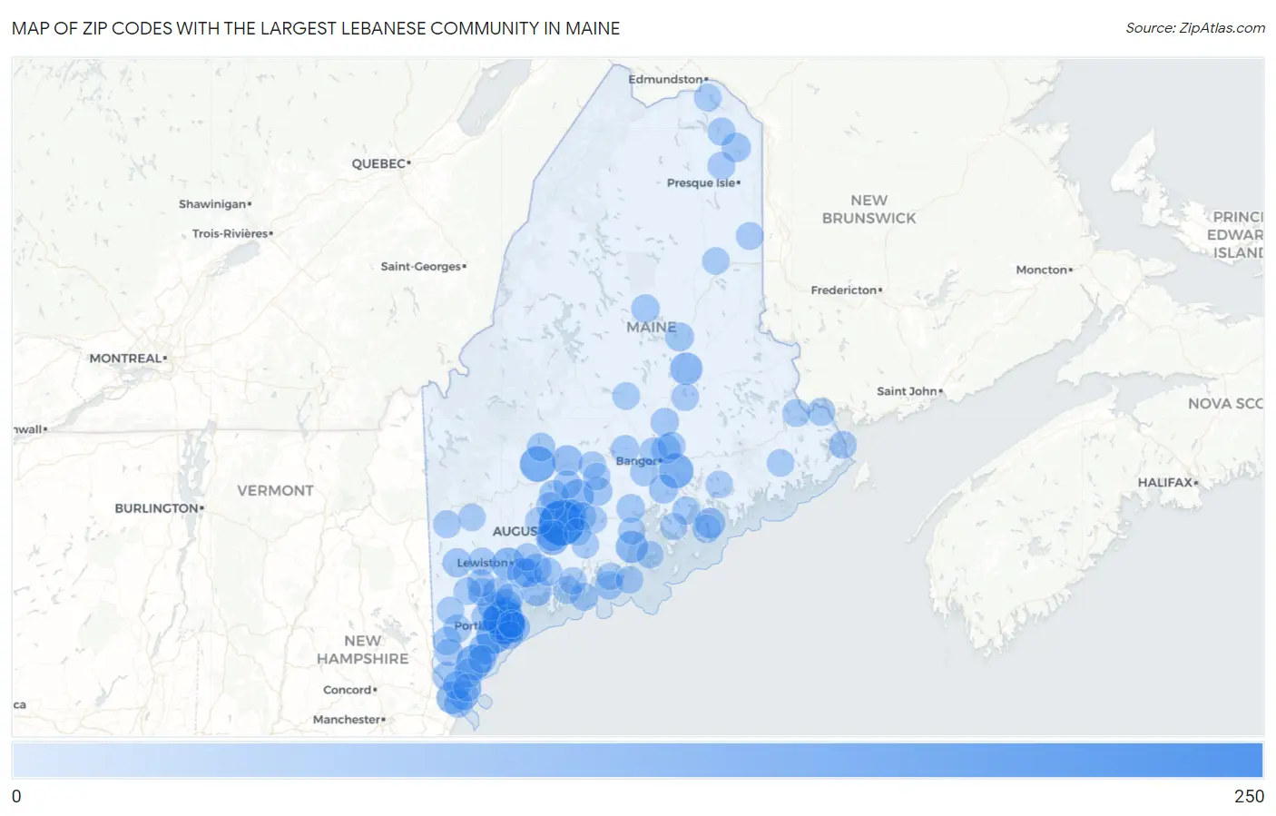 Zip Codes with the Largest Lebanese Community in Maine Map
