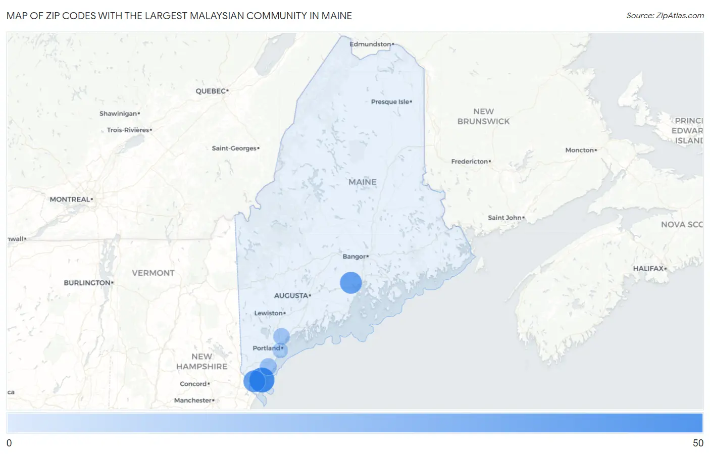 Zip Codes with the Largest Malaysian Community in Maine Map