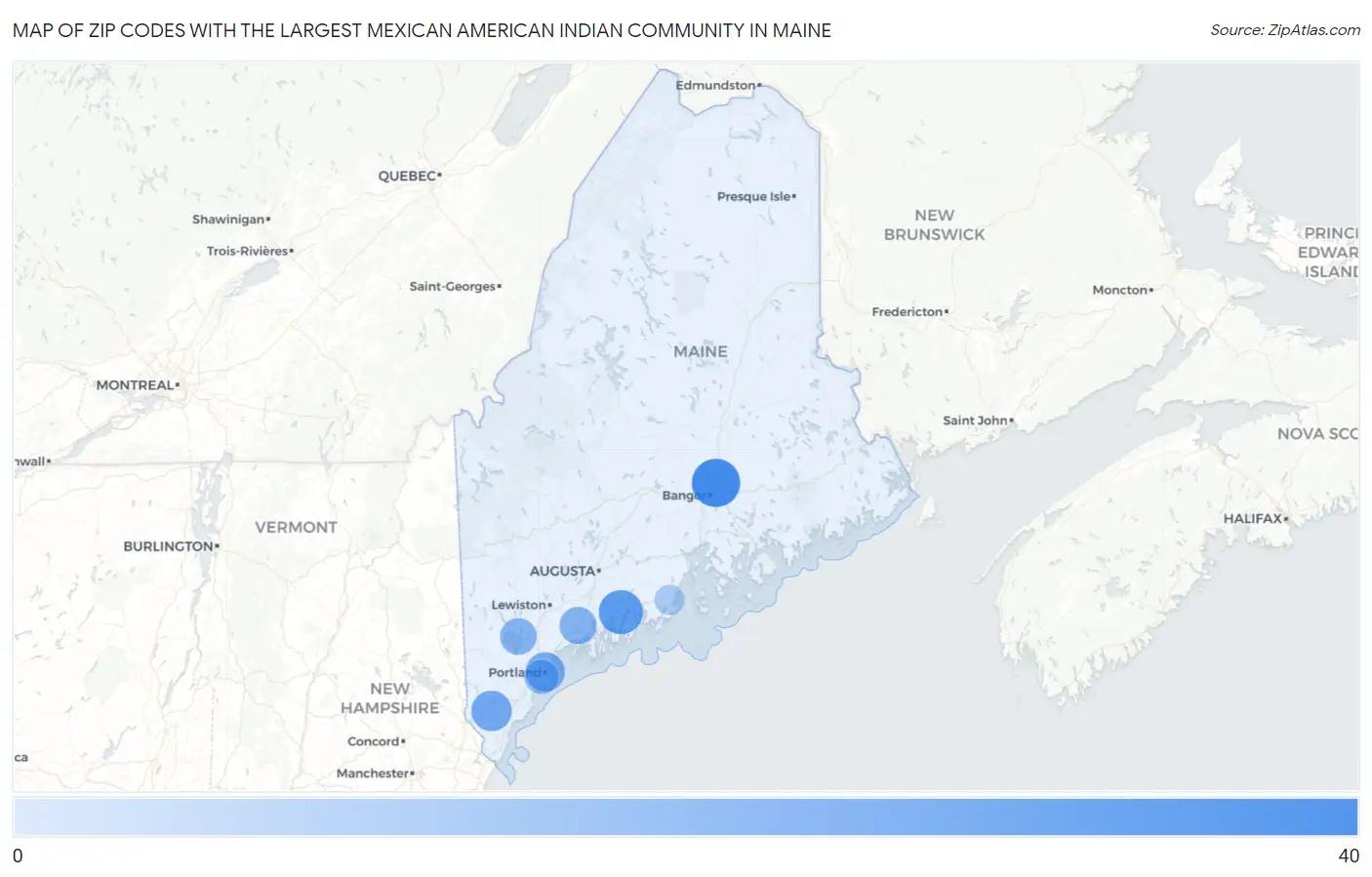 Zip Codes with the Largest Mexican American Indian Community in Maine Map