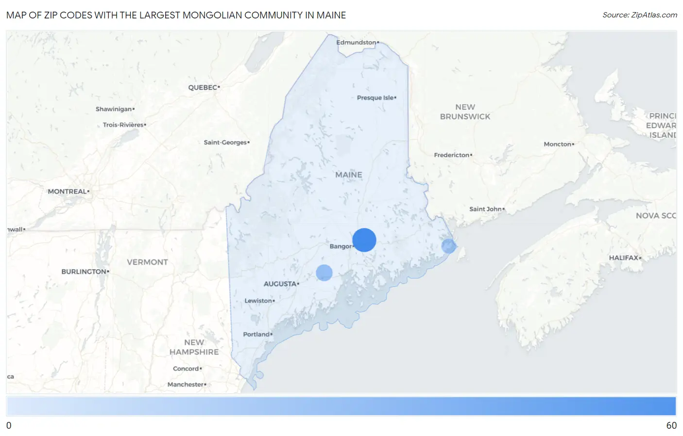 Zip Codes with the Largest Mongolian Community in Maine Map