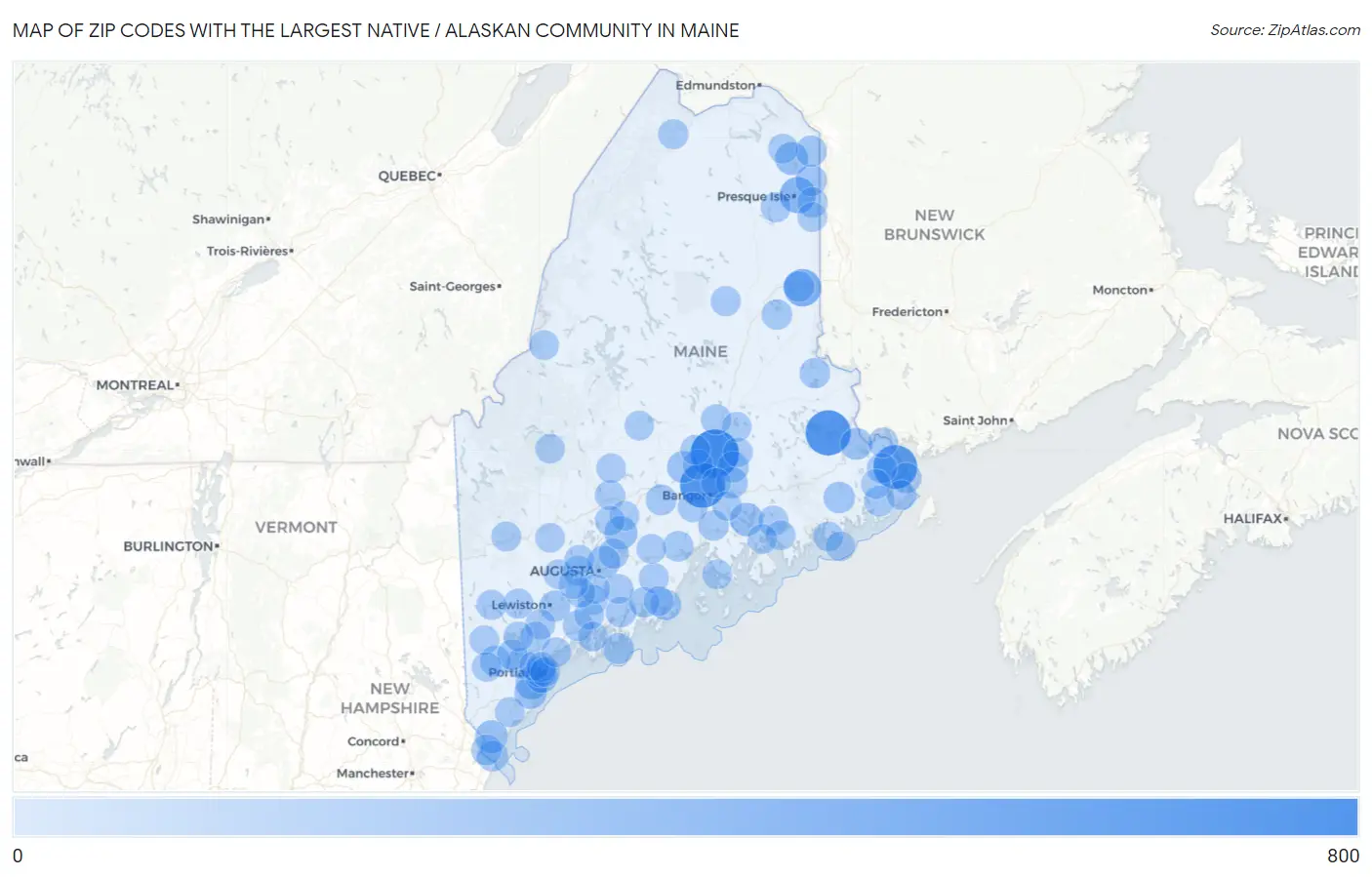 Zip Codes with the Largest Native / Alaskan Community in Maine Map